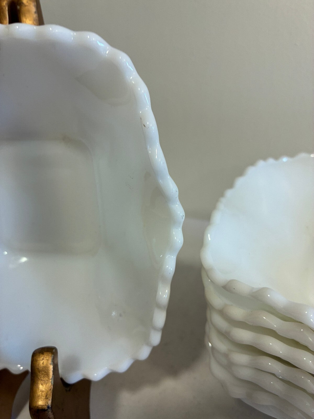 Vintage Milk Glass Ruffled Bowls Set of 8 | Quilted Diamond Pattern White Glass