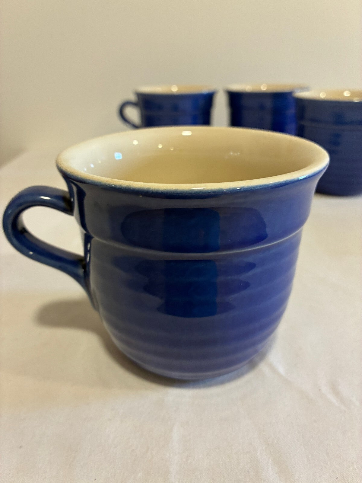 Vintage Emile Henry France Cobalt Blue Mugs Set of 4, Ribbed Stoneware Cups