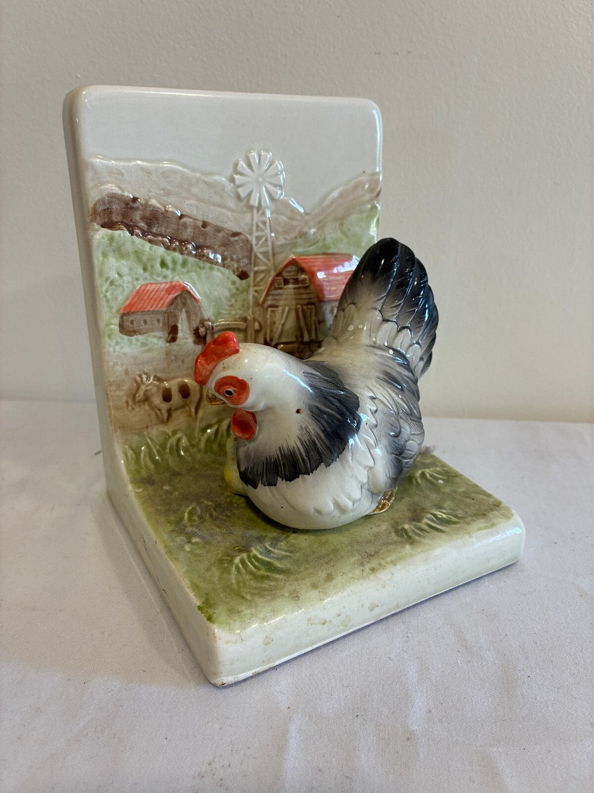 Vintage Otagiri Ceramic Hen Bookend | Hand-Painted Farmhouse Scene Chicken