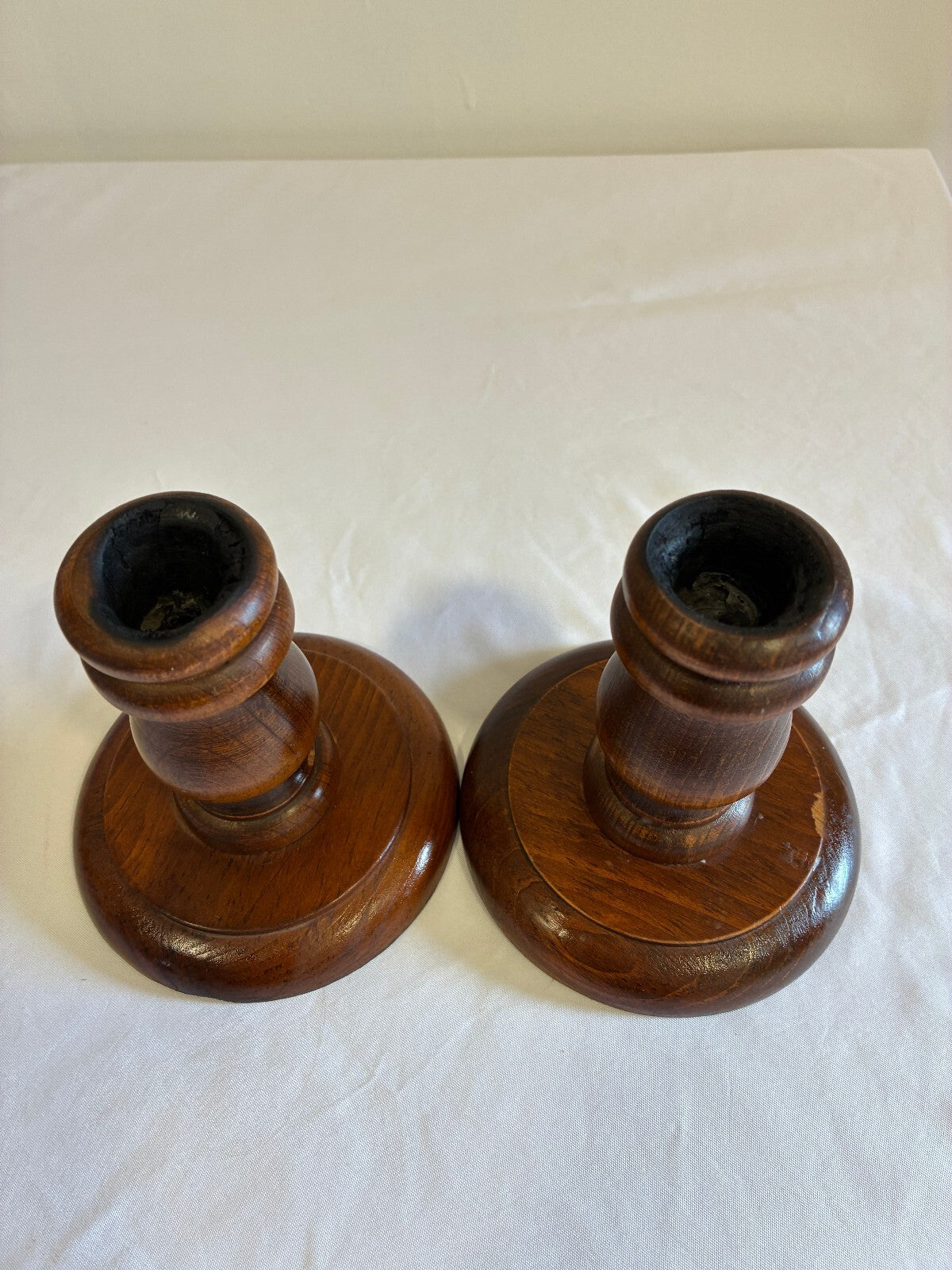 Vintage Turned Wood Candlestick Holders Pair | Round Base Wooden Candleholders