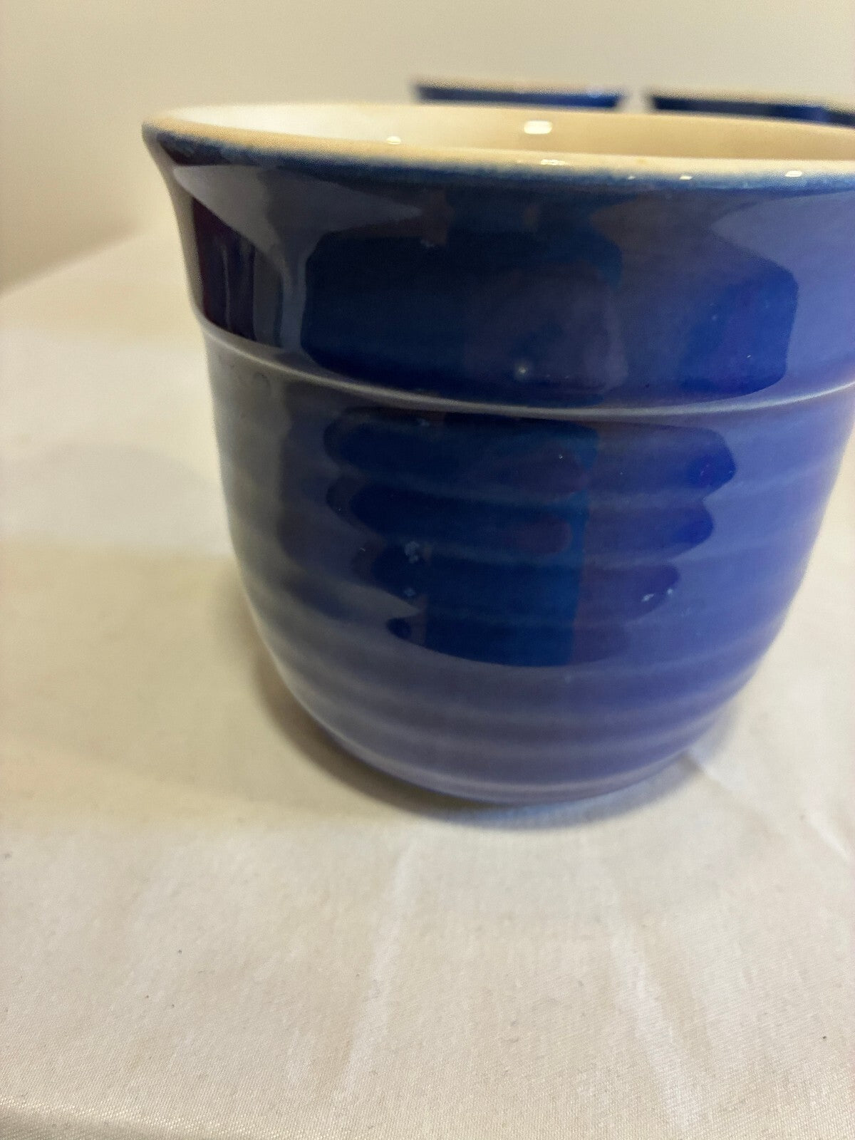 Vintage Emile Henry France Cobalt Blue Mugs Set of 4, Ribbed Stoneware Cups