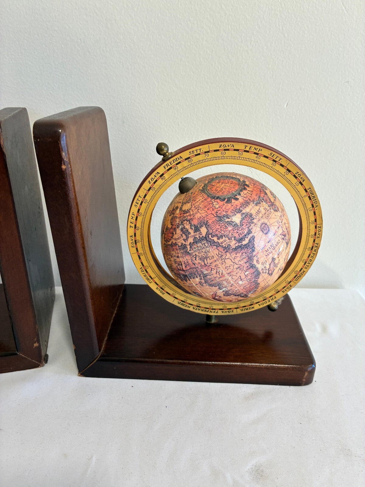 Vintage Pair of Old World Globe Bookends, Wood Bookends with Map Globes