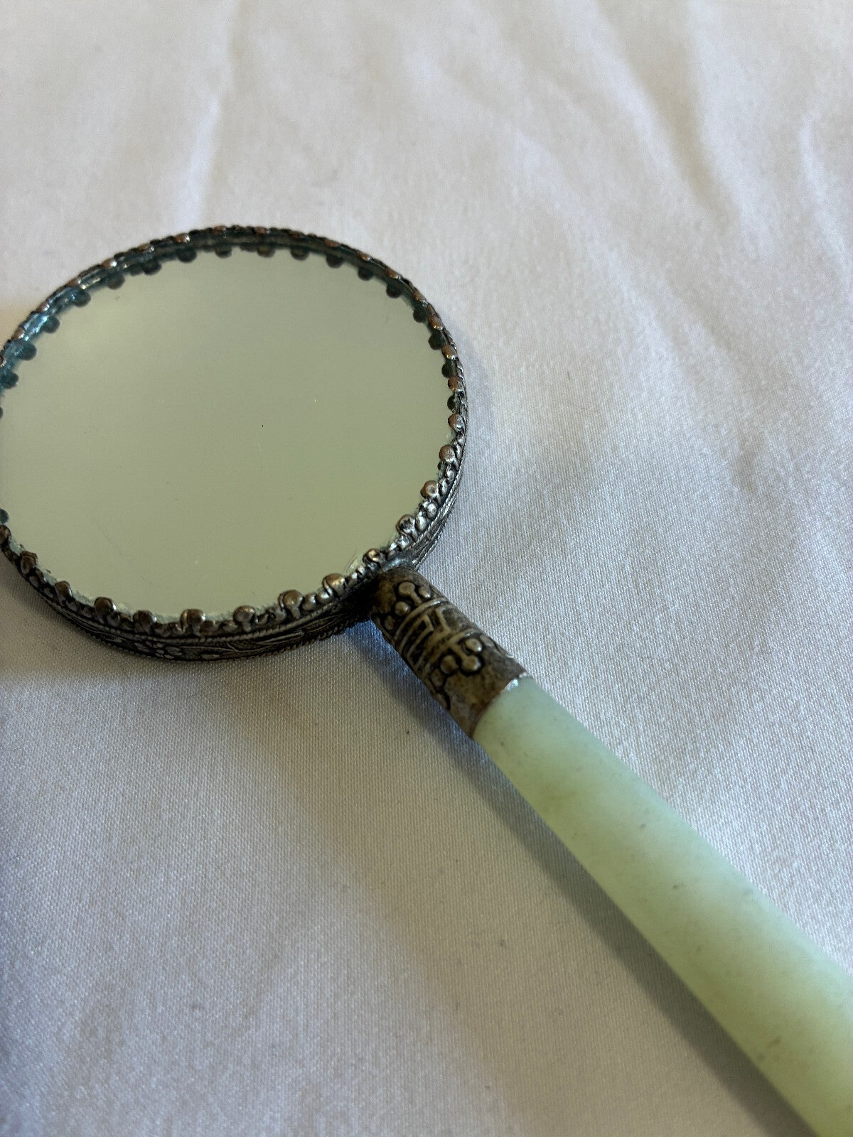 Vintage Painted Hand Mirror Jade Handle Silver Frame Asian Lady Scene
