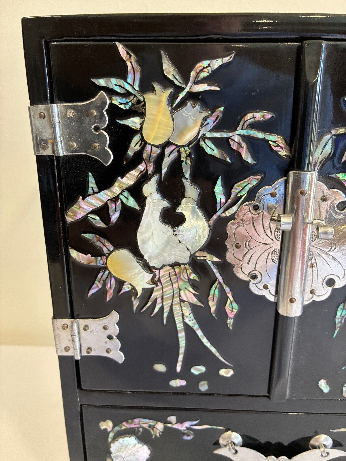 Vintage Black Lacquer Mother of Pearl Jewelry Cabinet | Asian Bird Floral Inlay