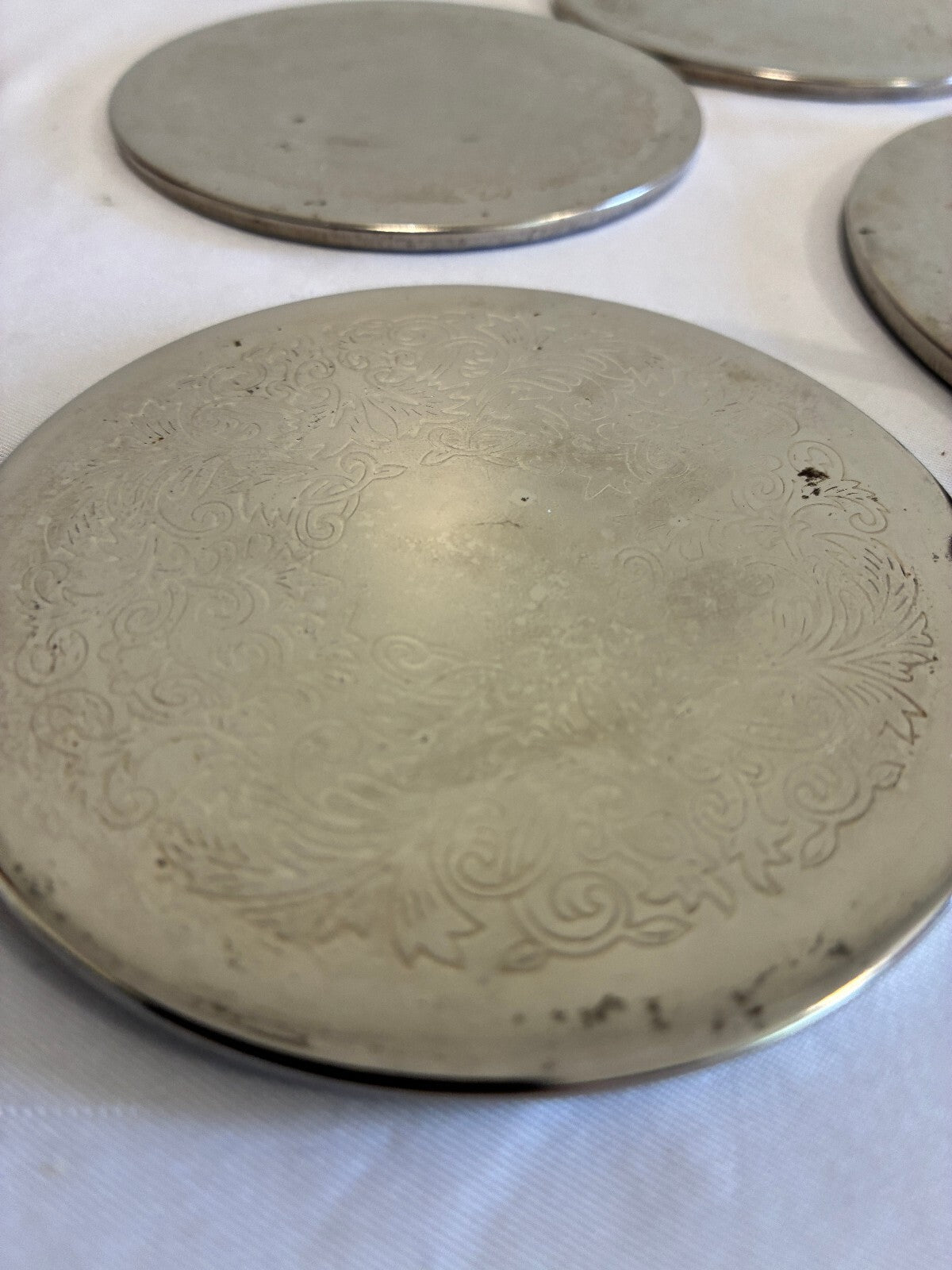 Vintage Set of 6 Silver Coasters with Holder Engraved Floral