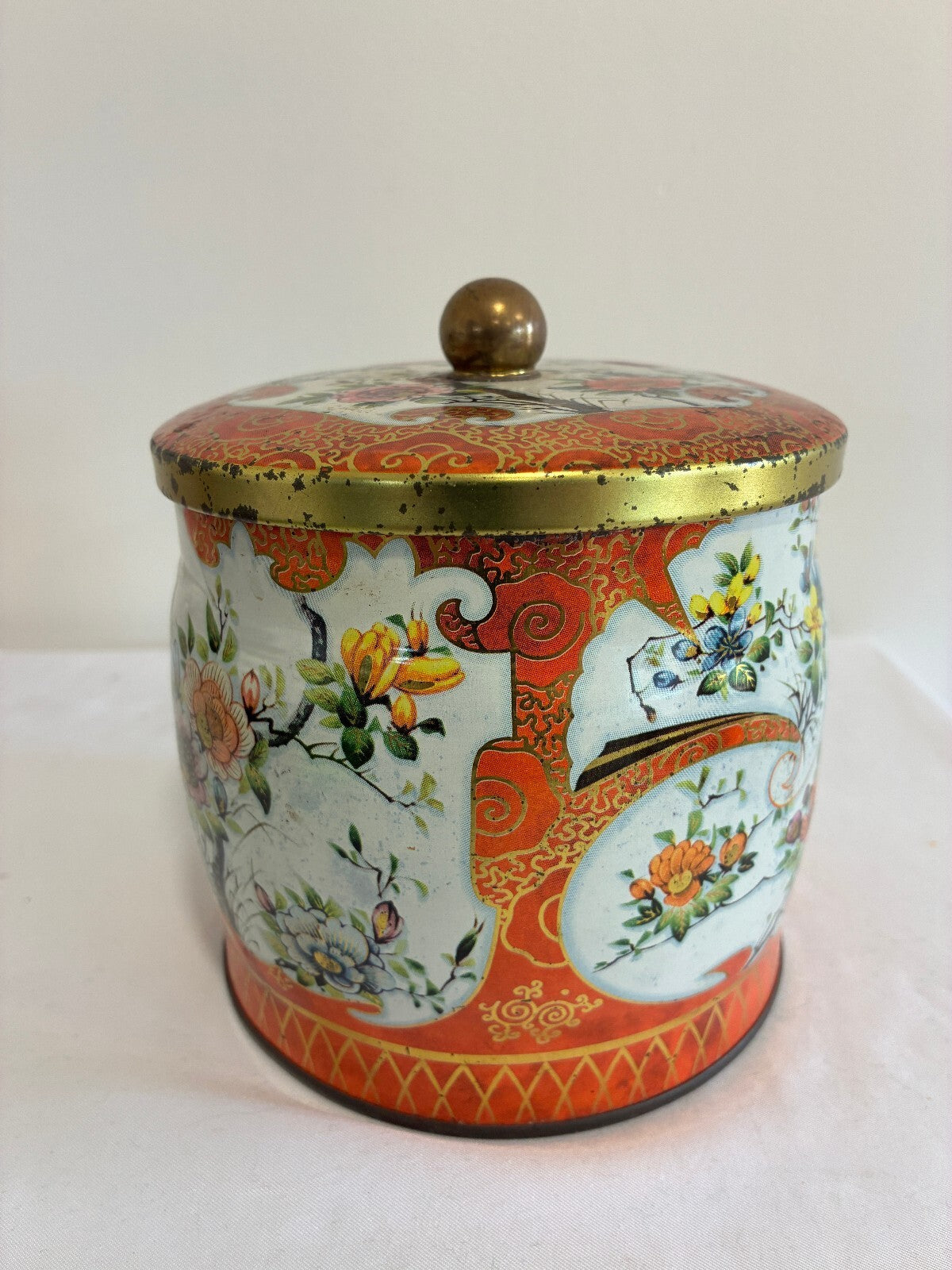 Vintage Daher Tin, Brass Knob Lid, Orange Chinoiserie Canister, Made in England