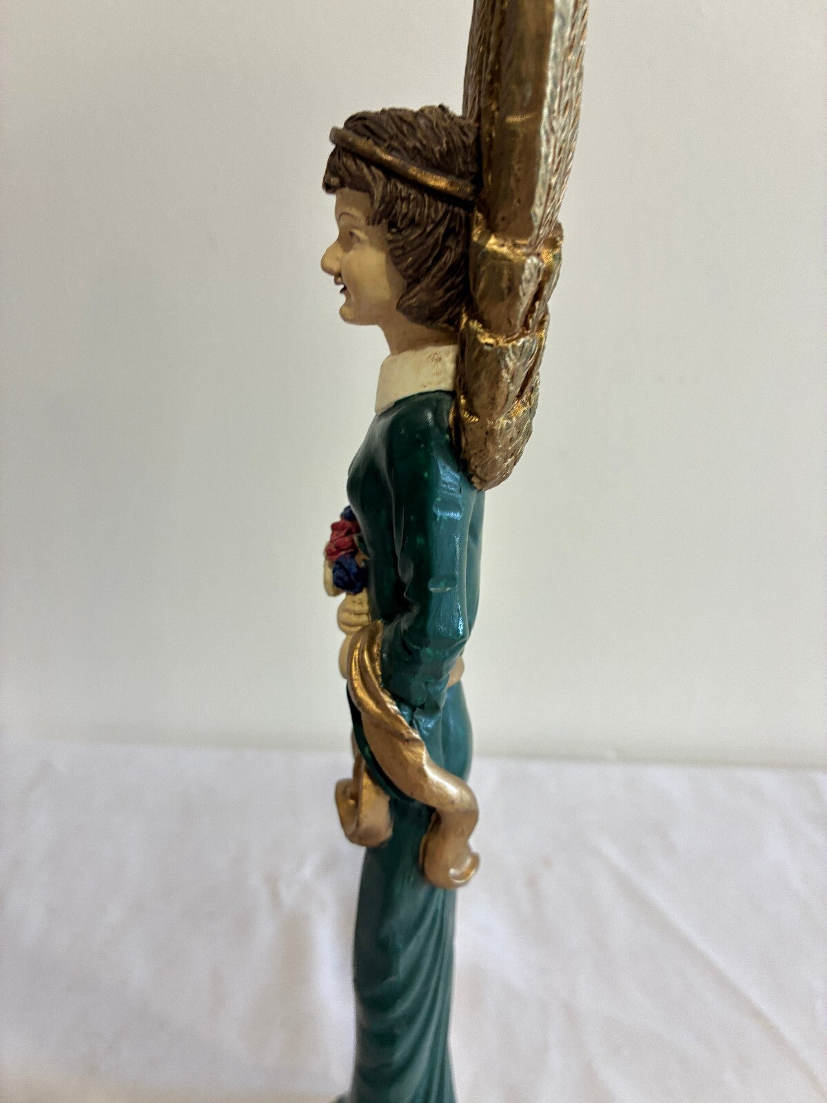 Vintage Carved Angel Figurine with Gold Wings, Painted Statue with Flowers