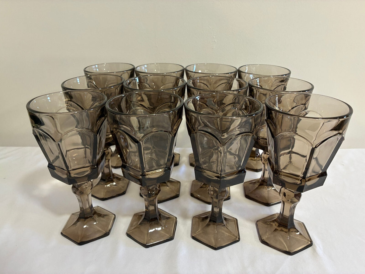 Vintage Fostoria Smoke Glass Goblets Set of 12, Midcentury Barware