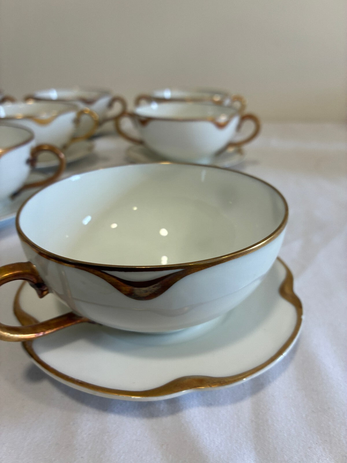 Antique Haviland & Co Gold Rim Bouillon Cups & Saucers Set of 9 French Porcelain