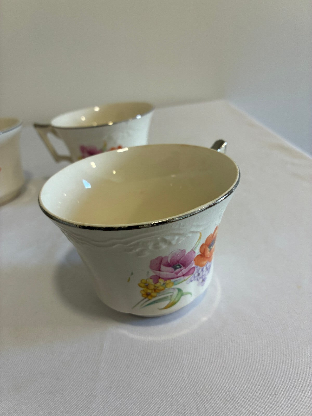 Vintage Ivory China Teacups with Platinum Trim, Set of 6 | Poppy Floral Pattern