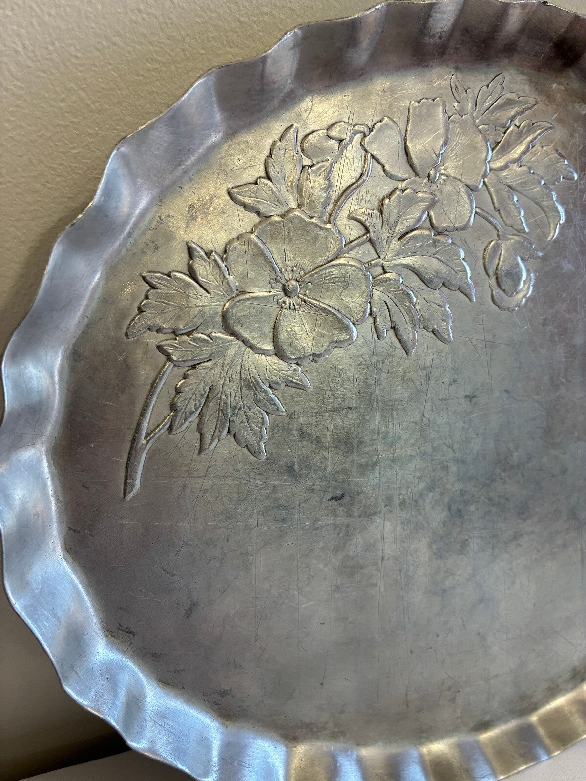 Vintage Hammered Aluminum Oval Tray | Hand Chased Peony Flower Design