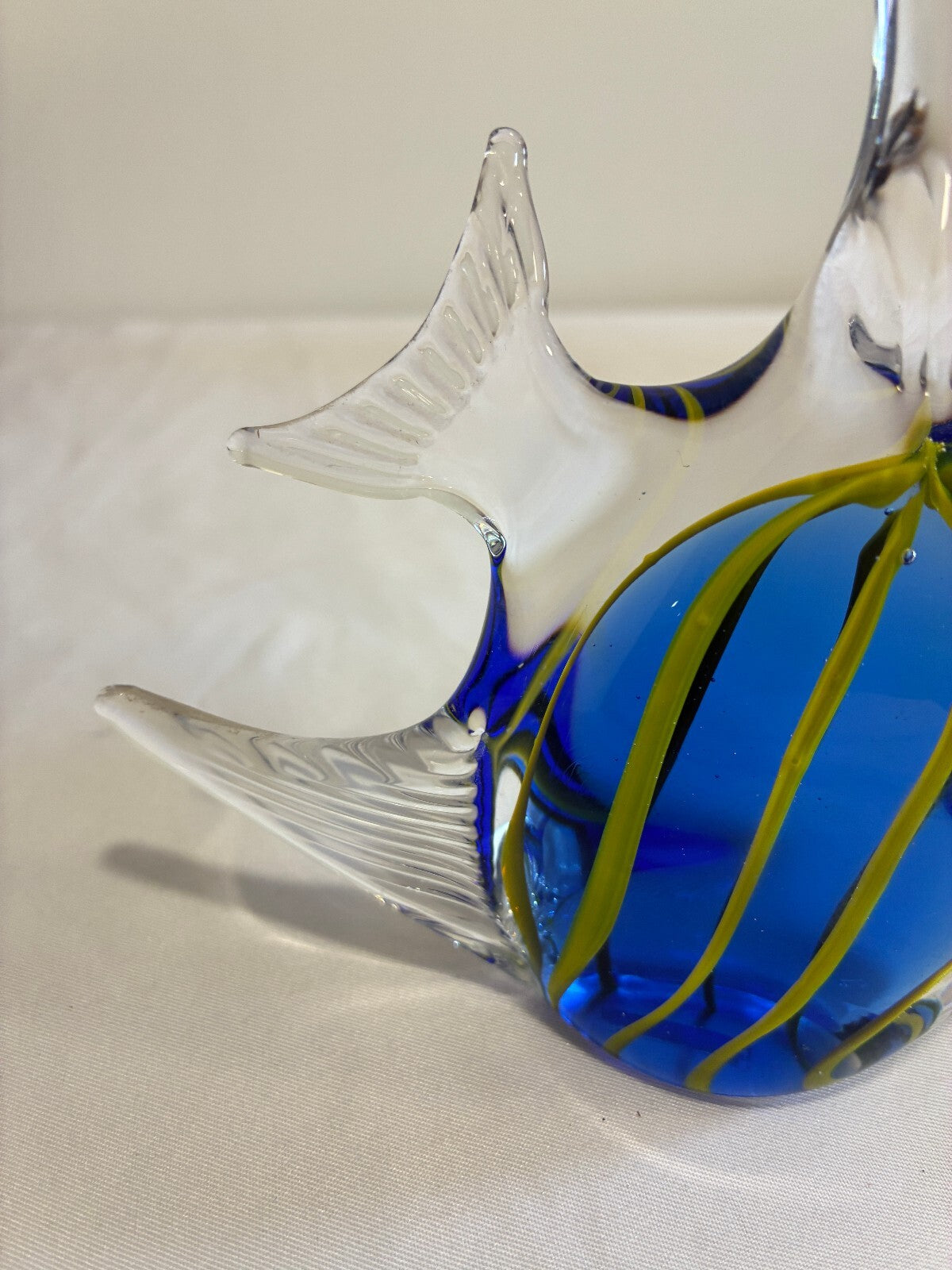 Vintage Art Glass Fish Figurine Blue Yellow Striped Made in Taiwan