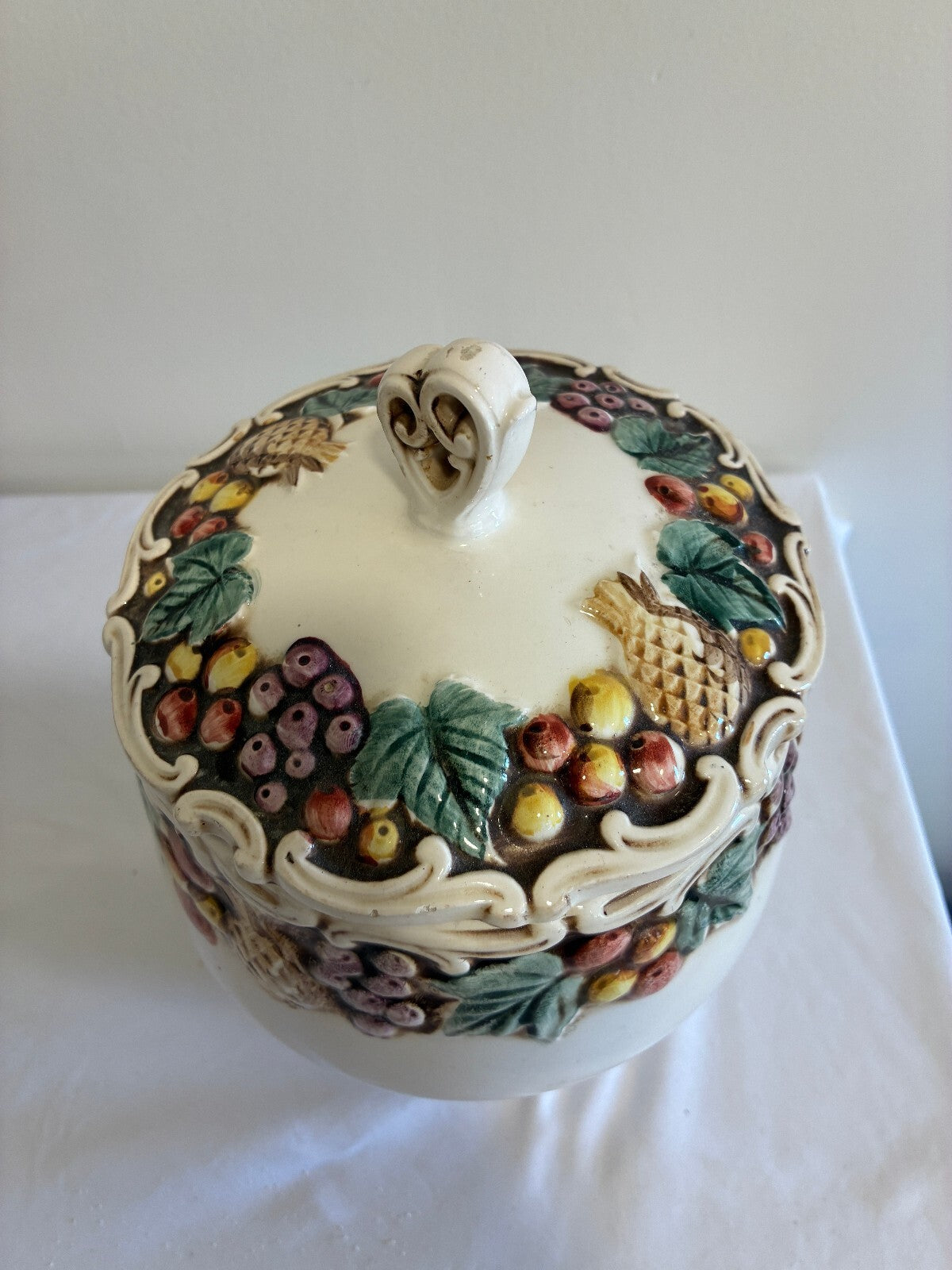 Vintage Lefton Majolica Style Lidded Jar | Raised Fruit & Grape Ceramic Canister
