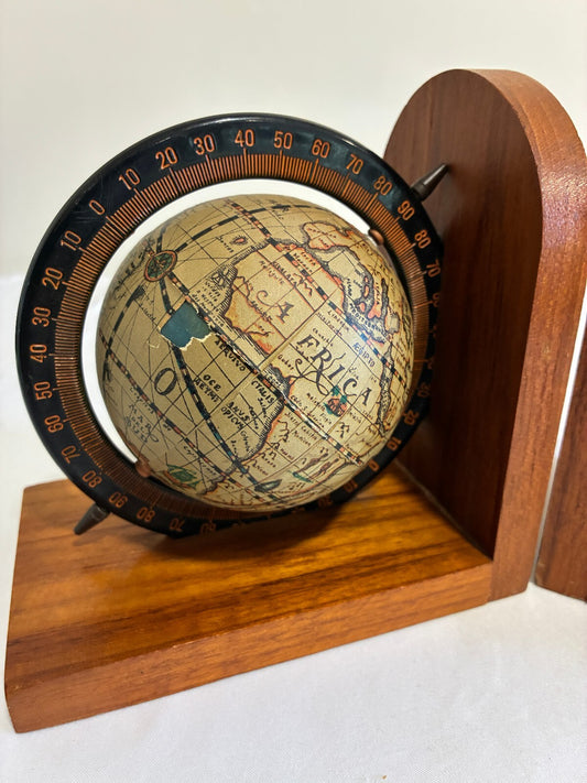 Vintage Arnbee Globe Bookends, Wood World Map Library Decor, Mid Century Office