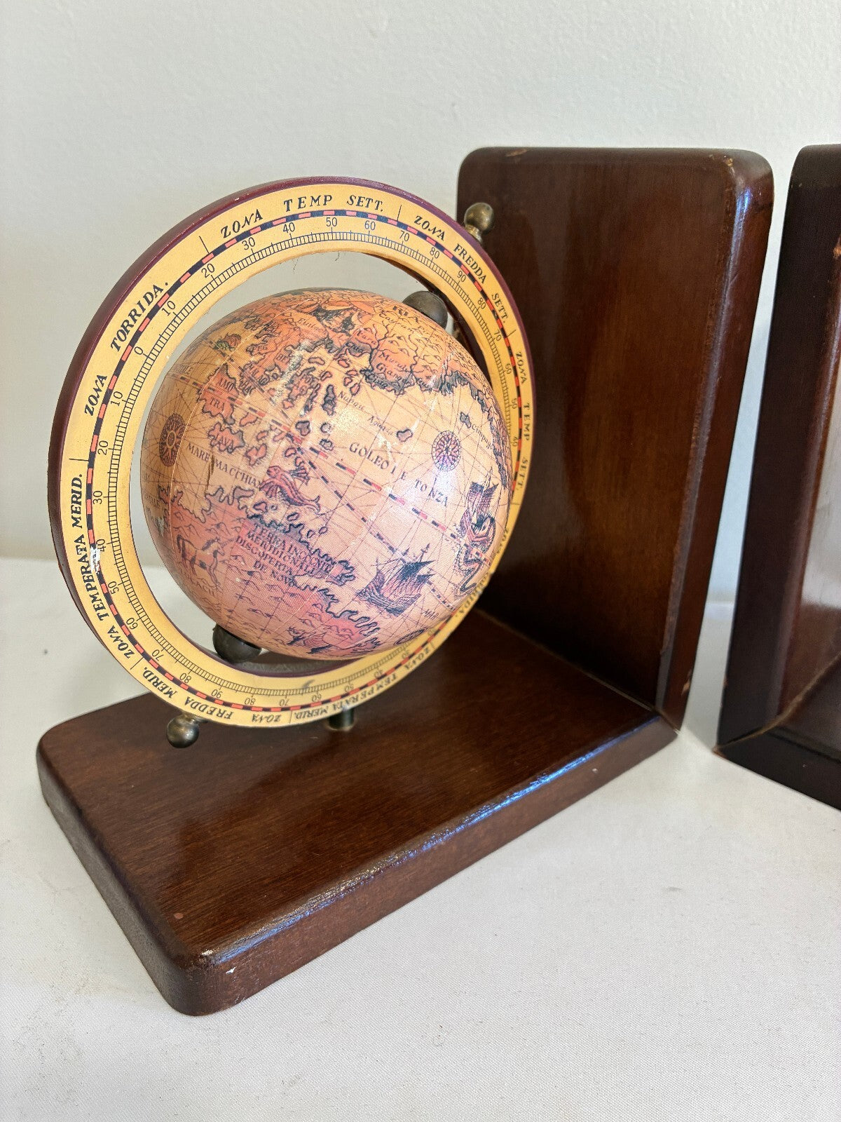 Vintage Pair of Old World Globe Bookends, Wood Bookends with Map Globes