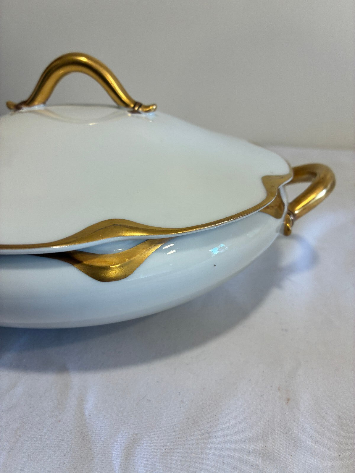 Antique Haviland Limoges Covered Tureen, White & Gold Handled Serving Dish