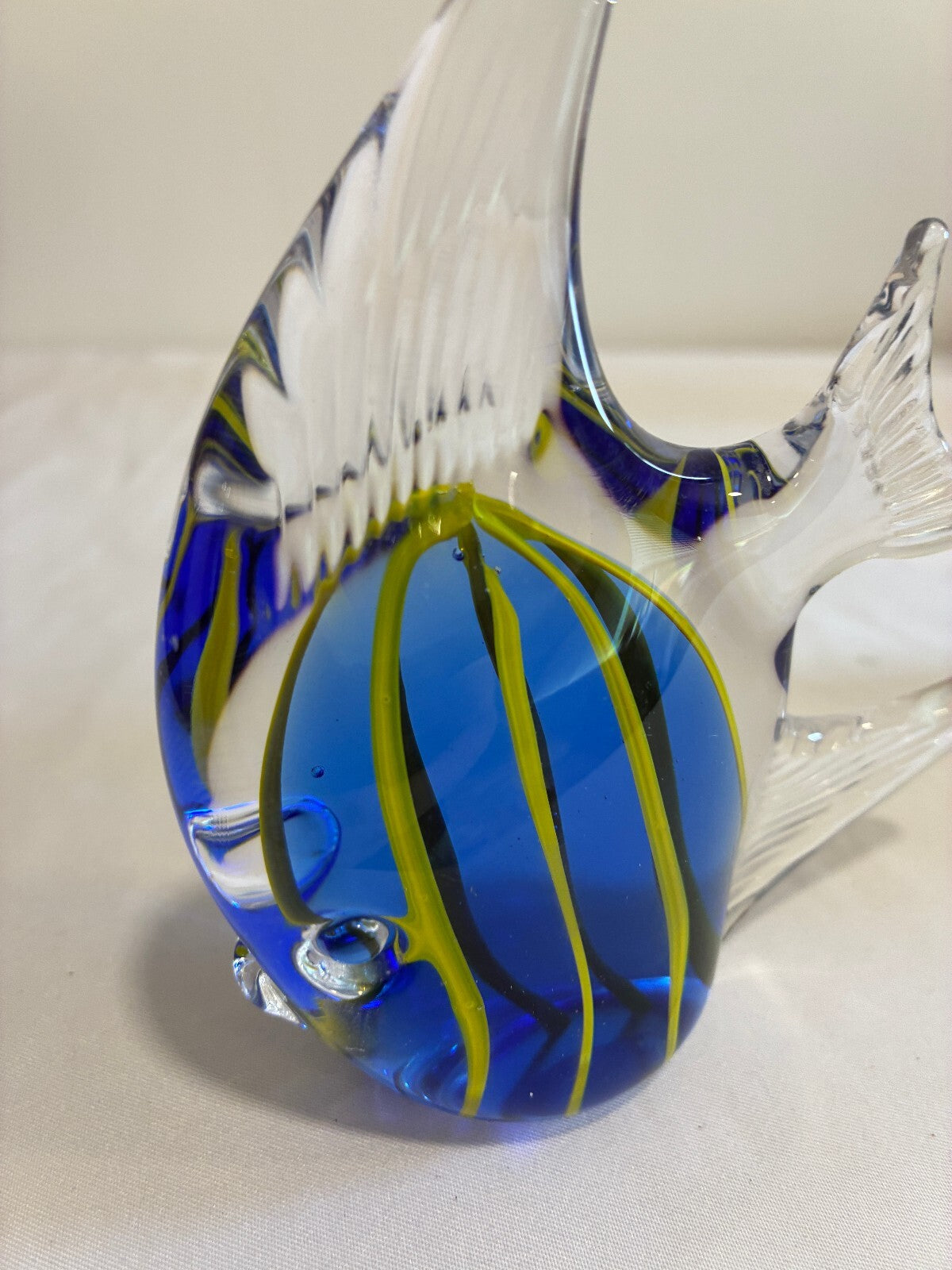 Vintage Art Glass Fish Figurine Blue Yellow Striped Made in Taiwan