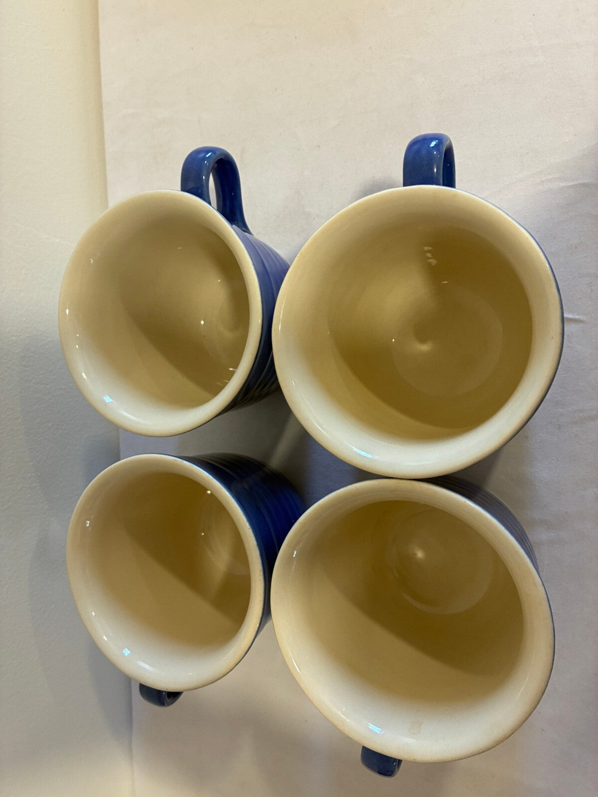 Vintage Emile Henry France Cobalt Blue Mugs Set of 4, Ribbed Stoneware Cups