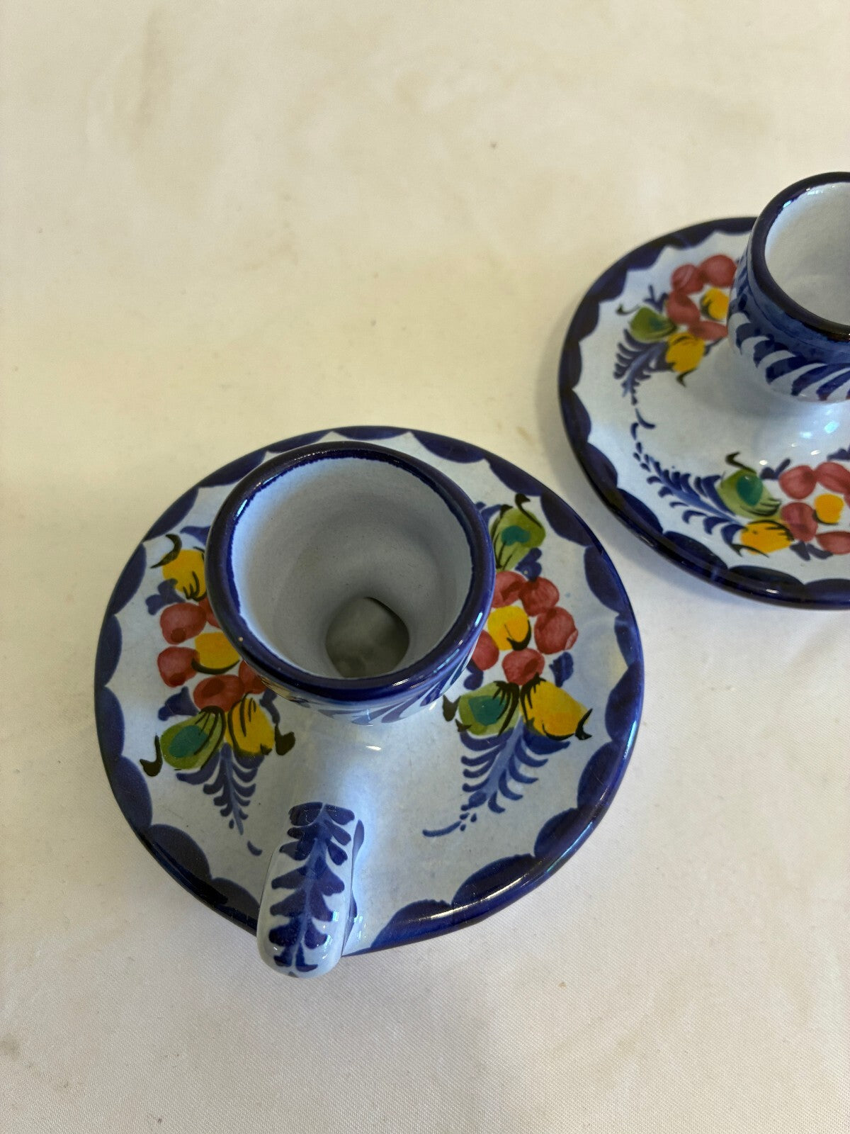 Vintage Pair of Alcobaça Portugal Candle Holders, Hand Painted Blue Floral