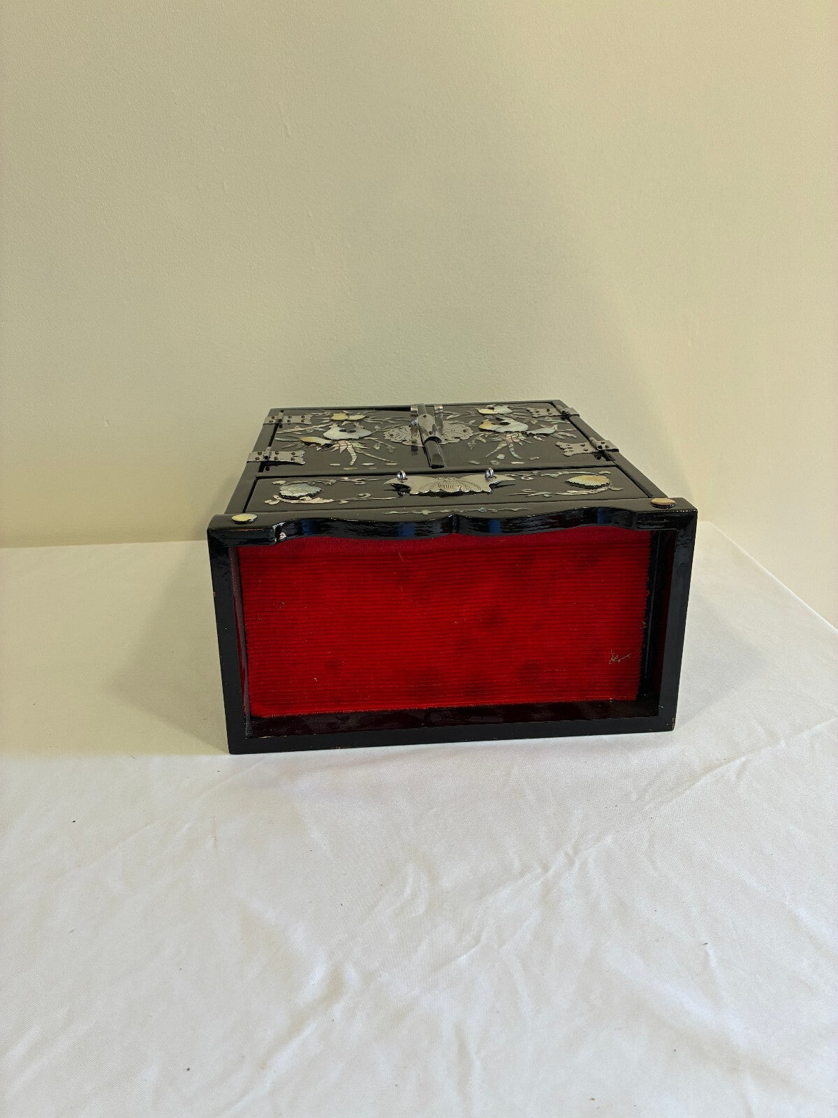 Vintage Black Lacquer Mother of Pearl Jewelry Cabinet | Asian Bird Floral Inlay