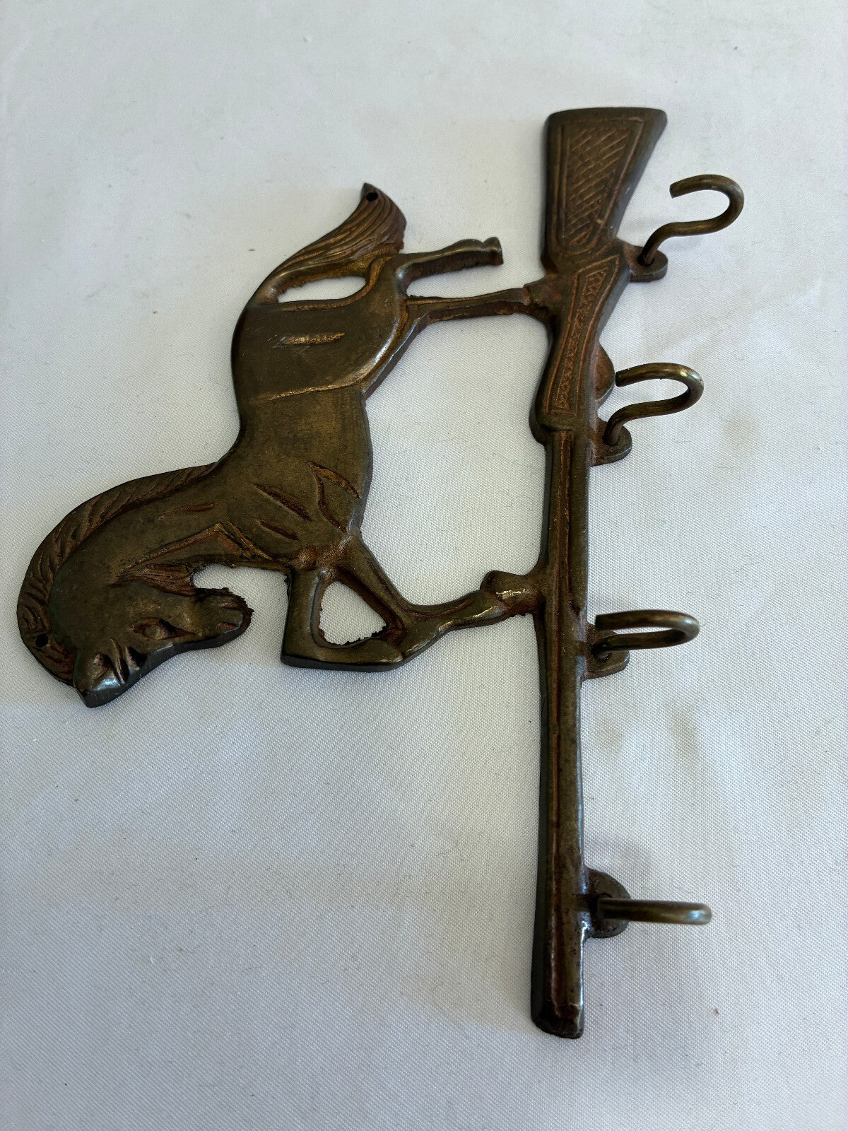 Vintage Brass Horse Key Hook, 4 Hook Wall Rack with Horse & Rifle Western Design