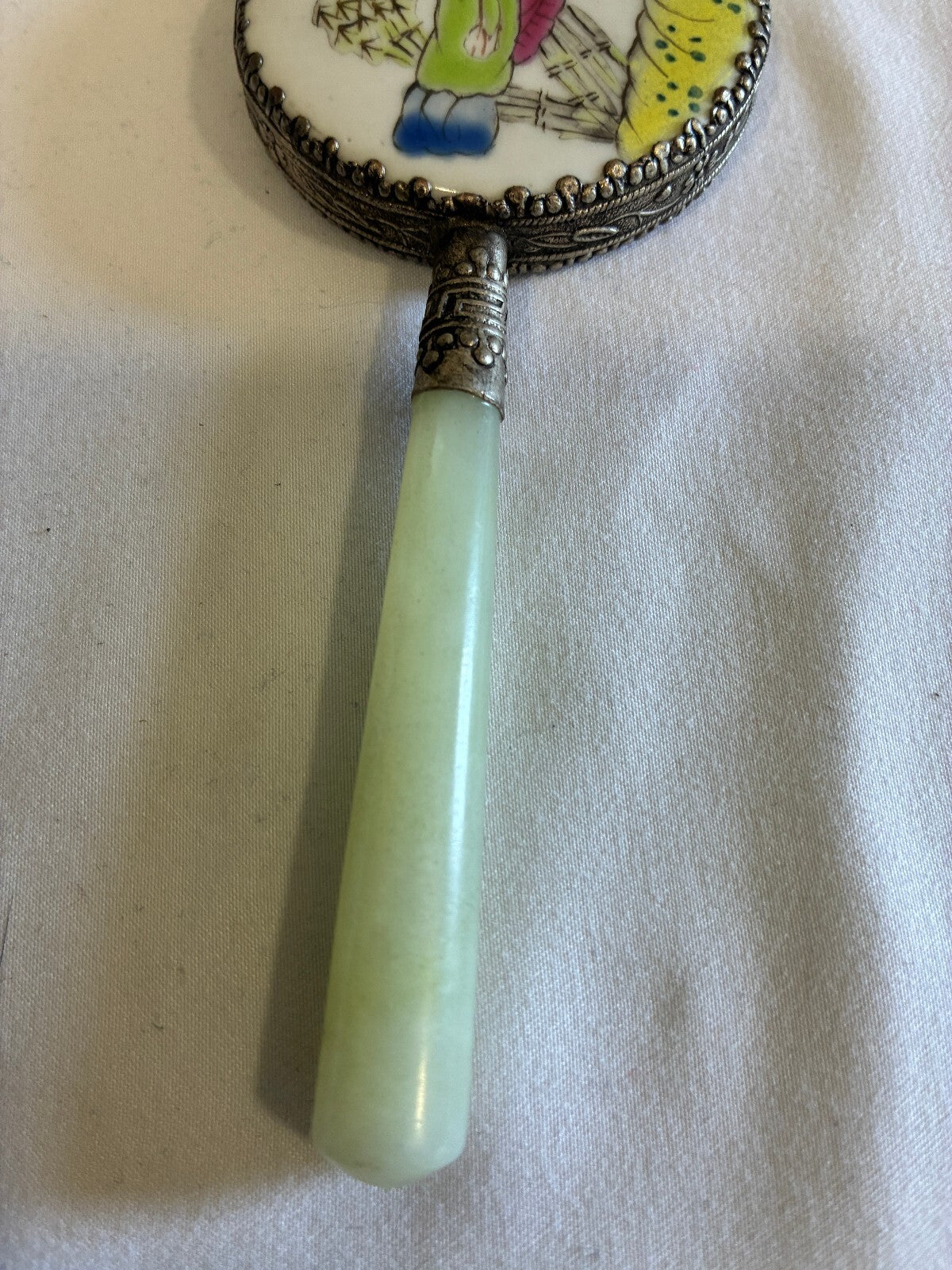 Vintage Painted Hand Mirror Jade Handle Silver Frame Asian Lady Scene