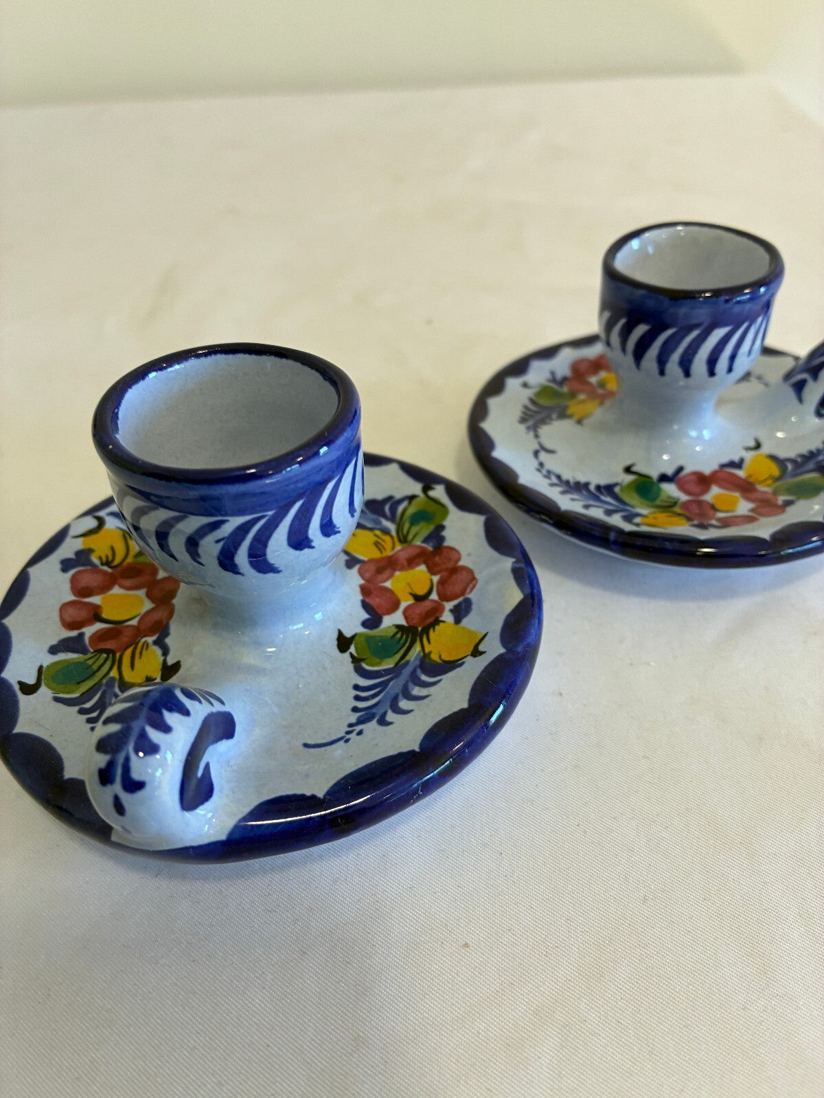 Vintage Pair of Alcobaça Portugal Candle Holders, Hand Painted Blue Floral