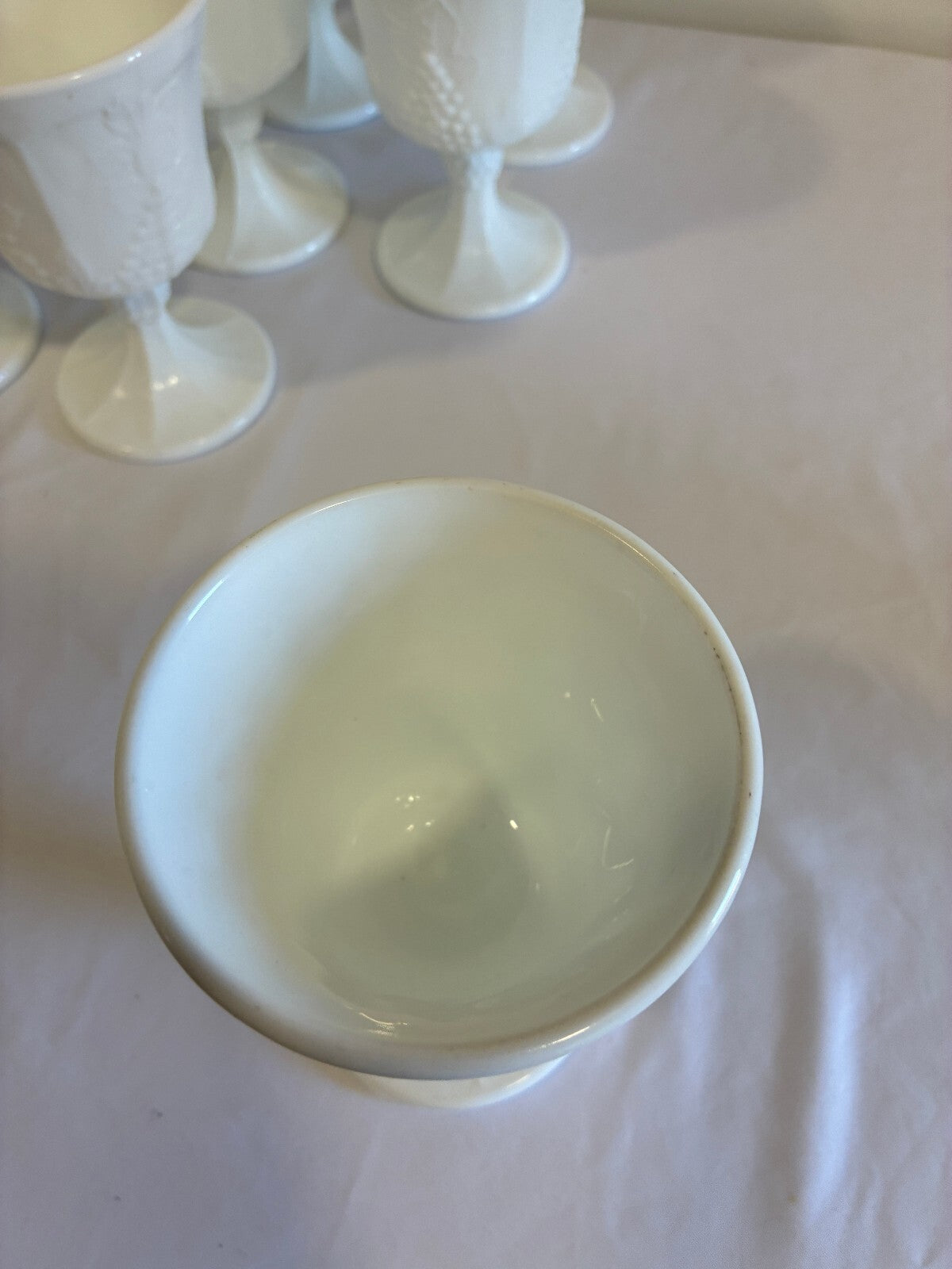 Vintage Milk Glass Goblets Set of 9, White Grape Vine Pattern w/ Pedestal Base