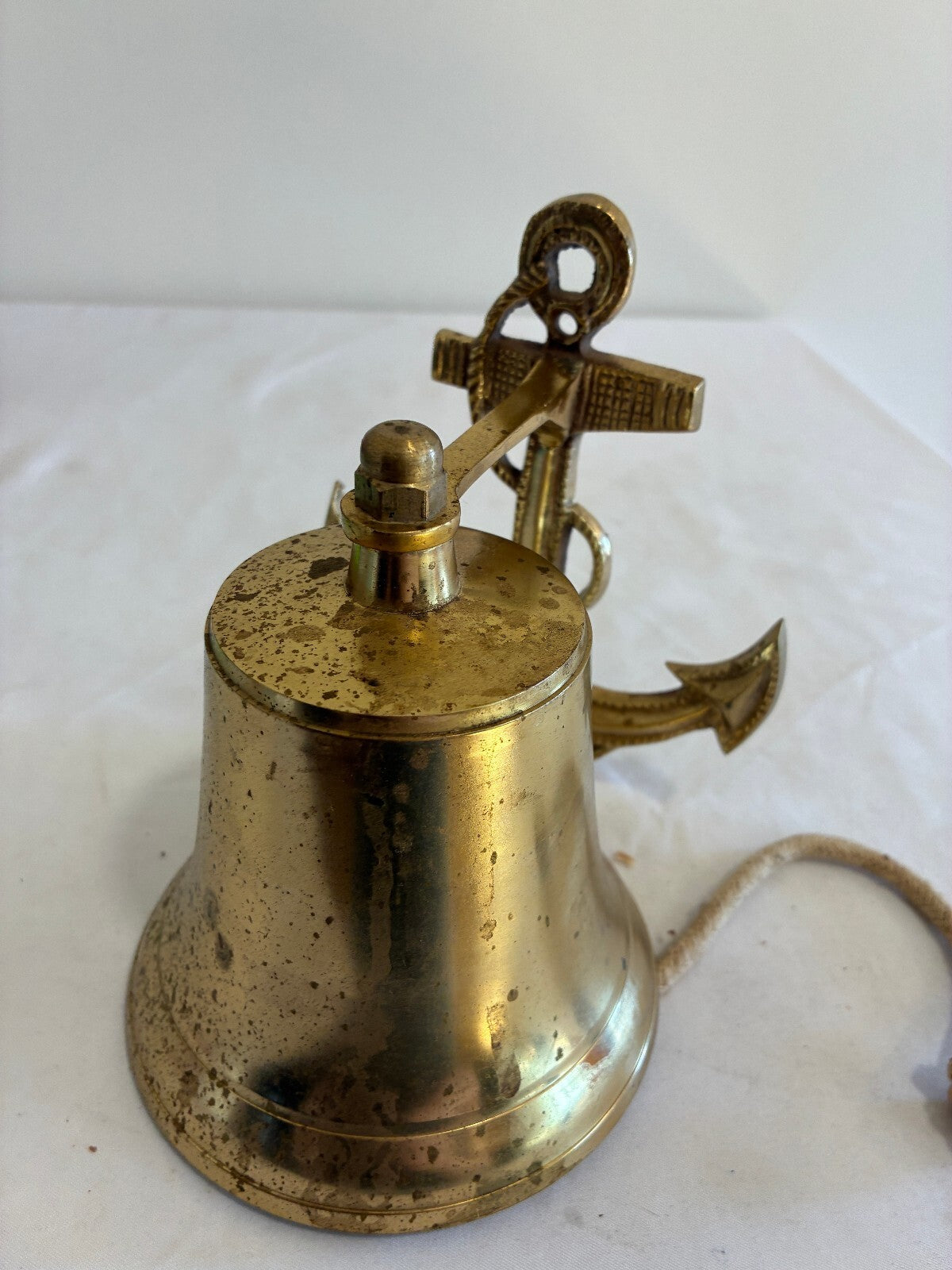 Vintage Solid Brass Anchor Bell with Rope Pull, Nautical Wall Mount Ship Bell