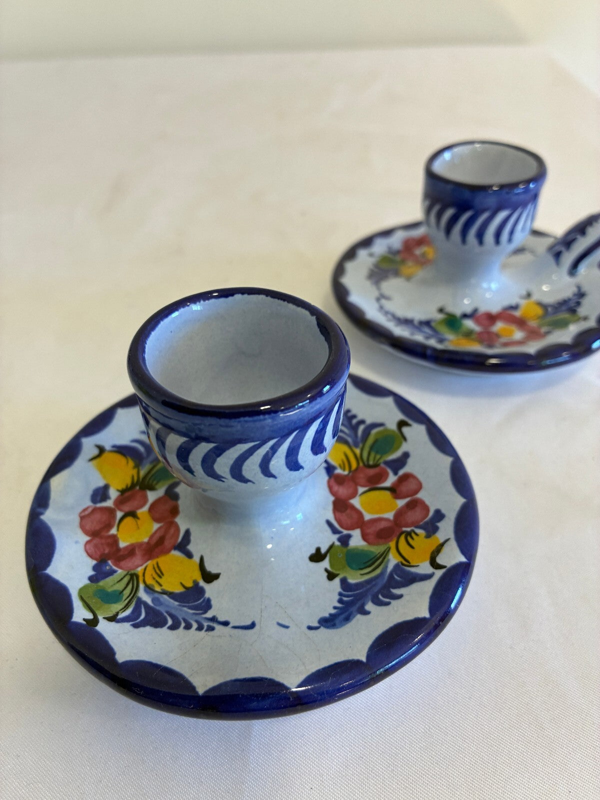 Vintage Pair of Alcobaça Portugal Candle Holders, Hand Painted Blue Floral