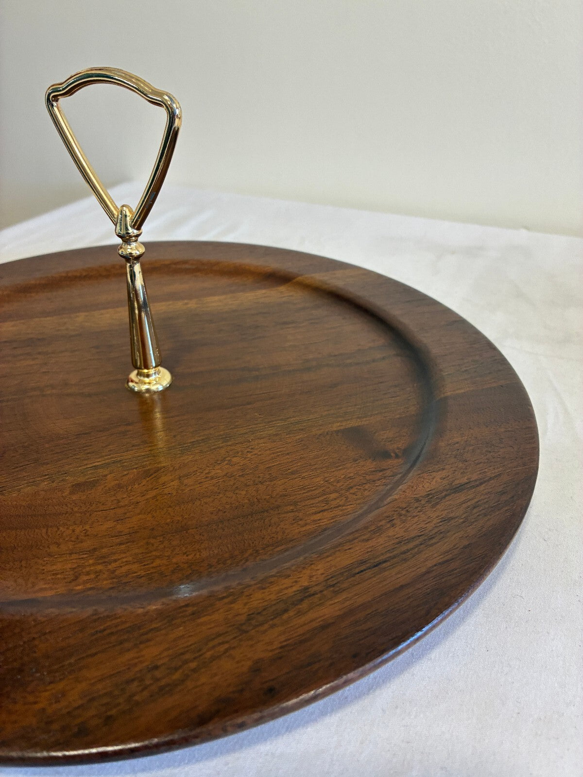 Vintage Ozark Walnutware Walnut Lazy Susan Tray 12.25" Brass Handle MCM USA