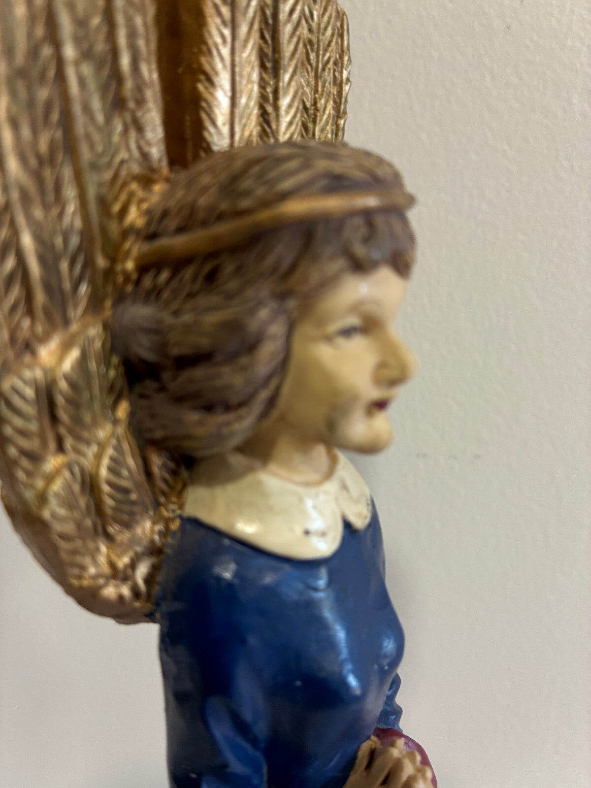Vintage Blue Angel Figurine with Gold Wings, Painted Statue with Flowers