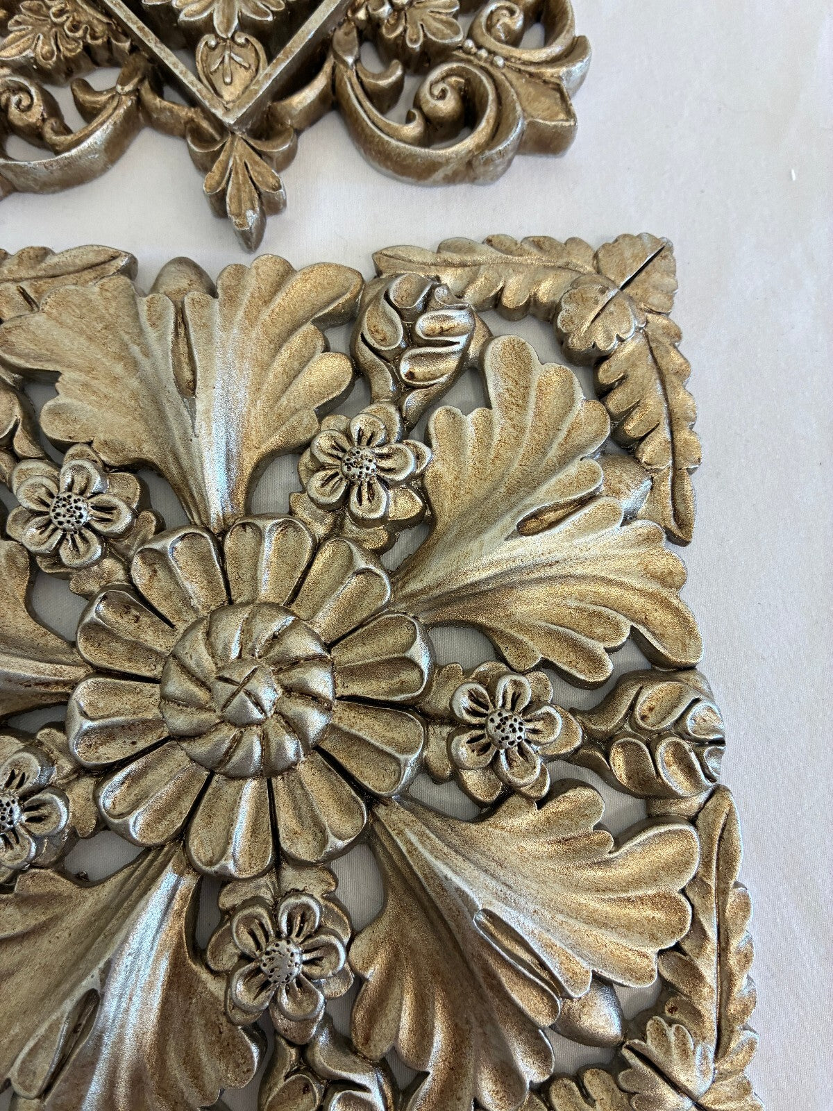 Silver Gilt Painted Wood Medallions Wall Plaques, Set of 3, Hollywood Regency
