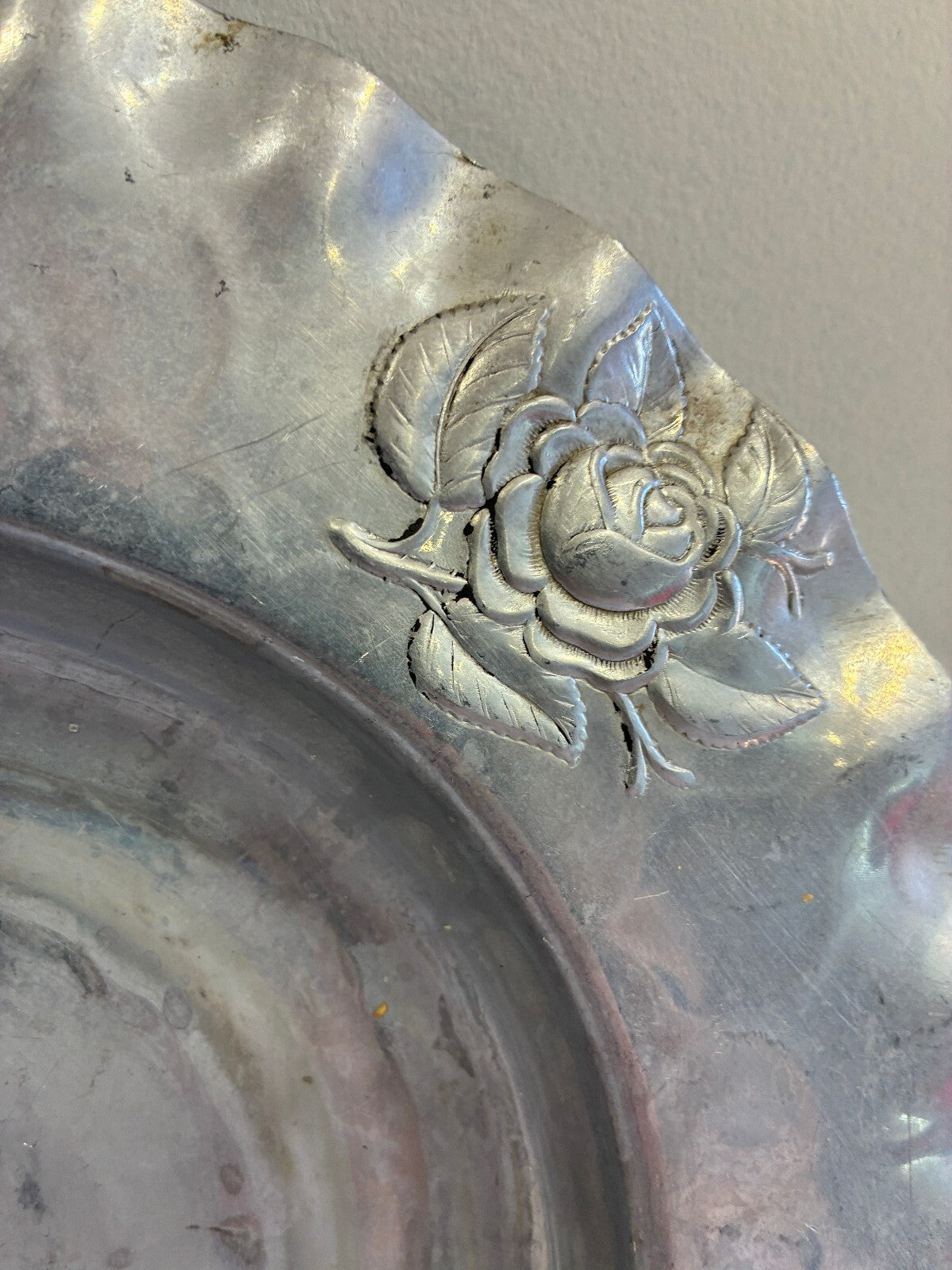 Vintage Hammered Aluminum Bowl | Hand Chased Rose Design Ruffled Rim