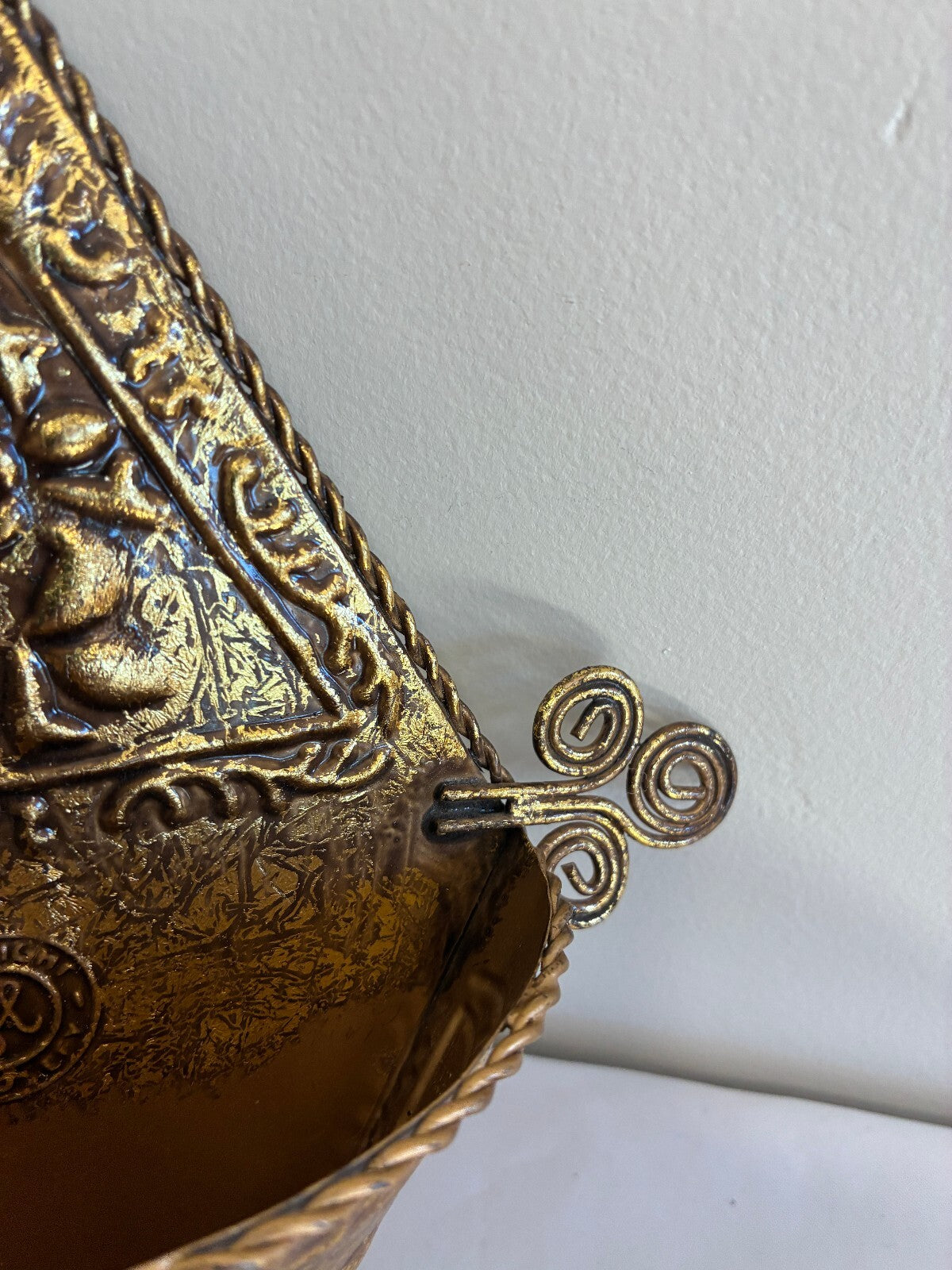 Vintage Hosley Gold Wall Pocket, Embossed Floral Hanging Vase