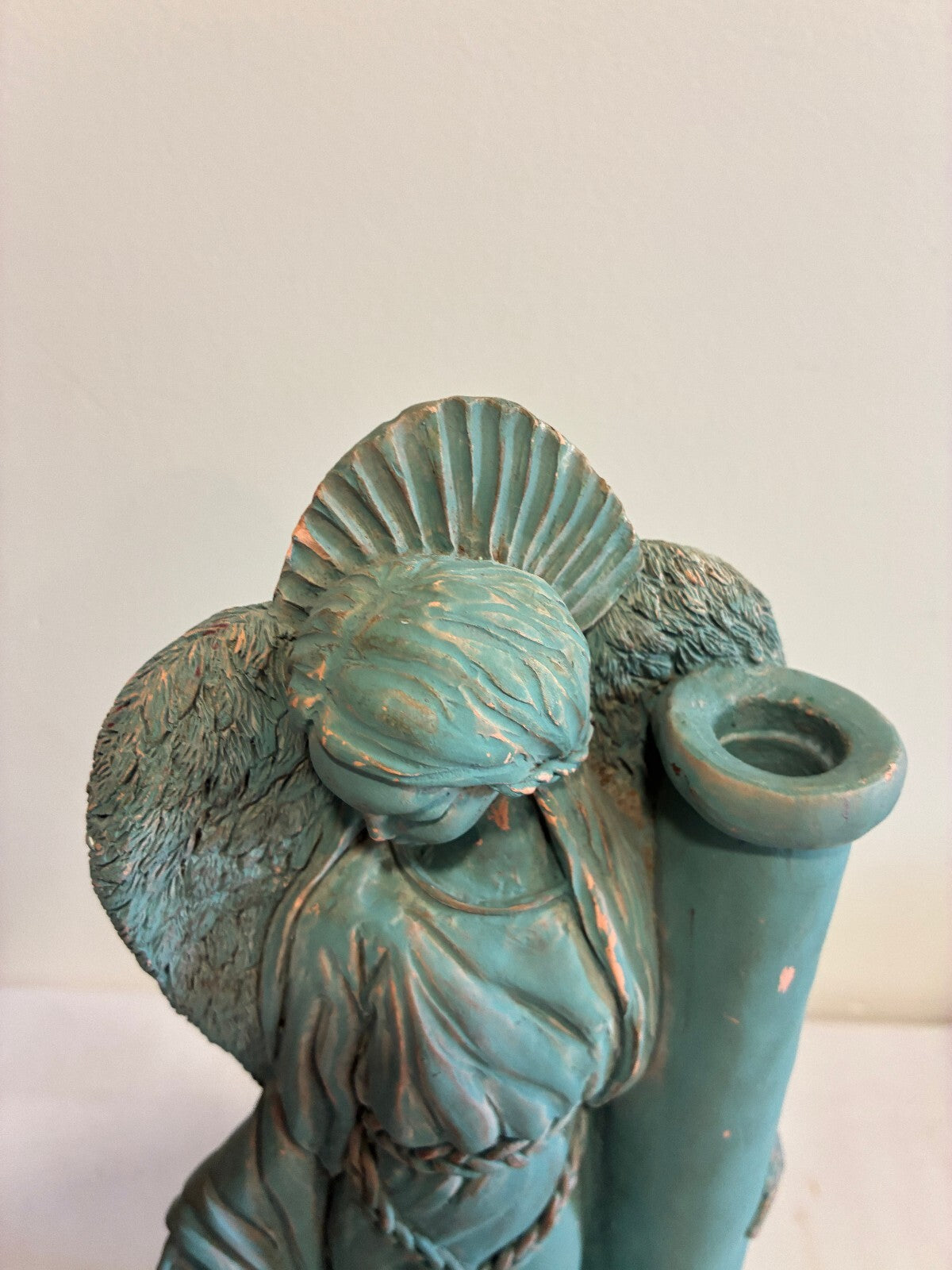 Vintage Terracotta Angel Candle Holder, Verdigris Patina Winged Figure Sculpture
