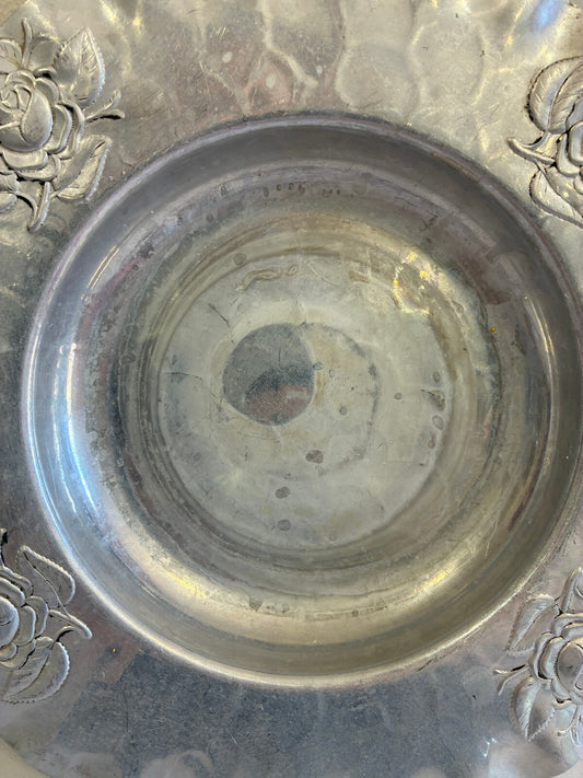 Vintage Hammered Aluminum Bowl | Hand Chased Rose Design Ruffled Rim
