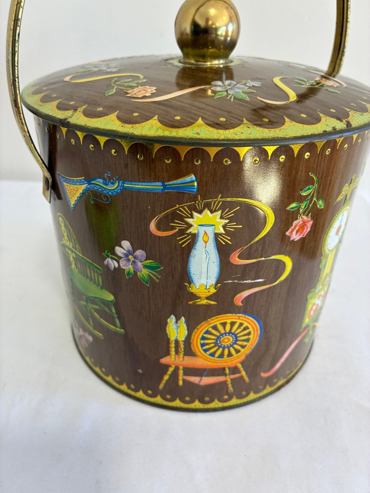 Vintage Daher England Tin with Handle and Lid, Clock Spinning Wheel Roses