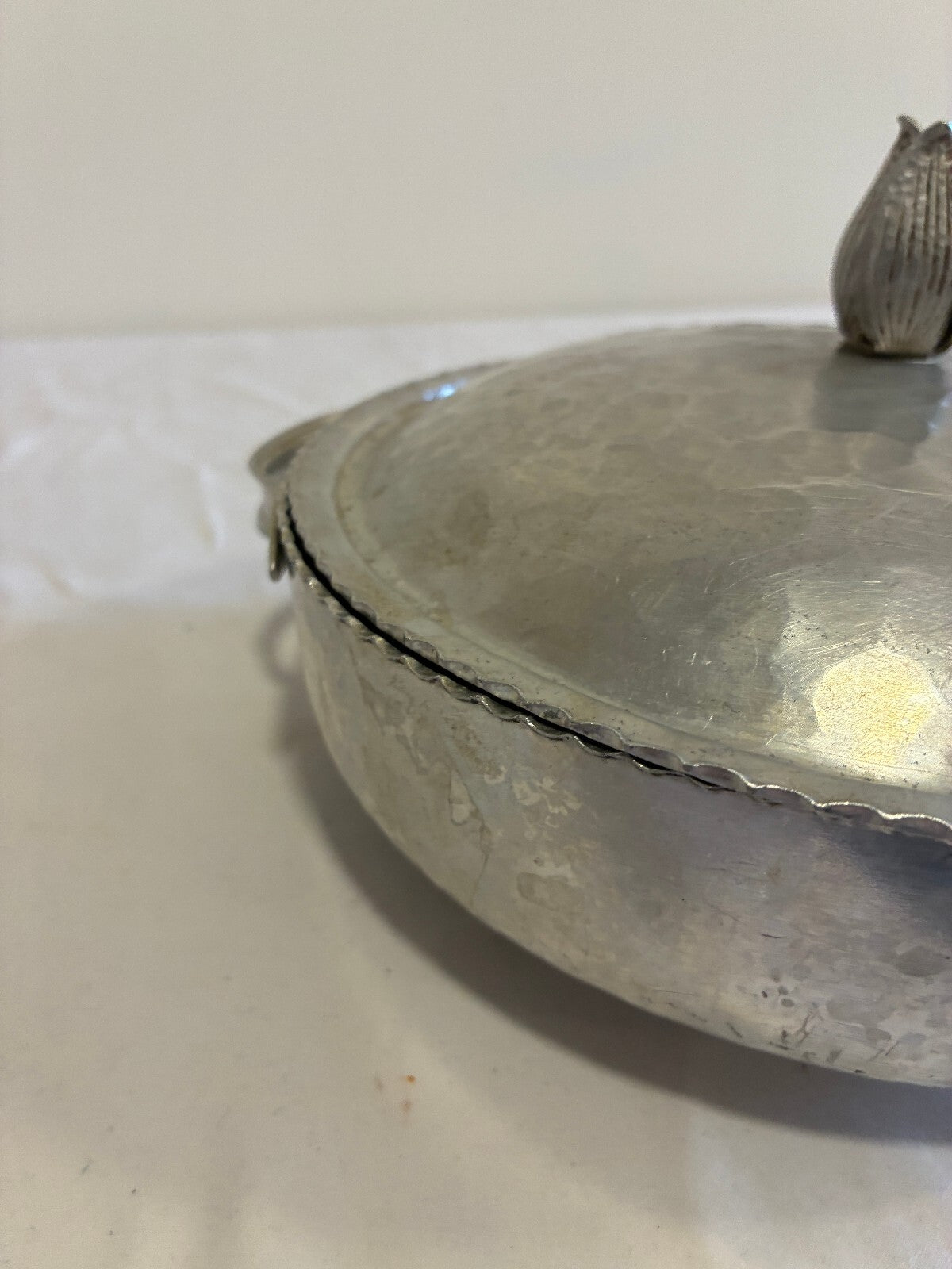 Vintage Hammered Aluminum Lidded Serving Dish | Tulip Flower Finial Casserole