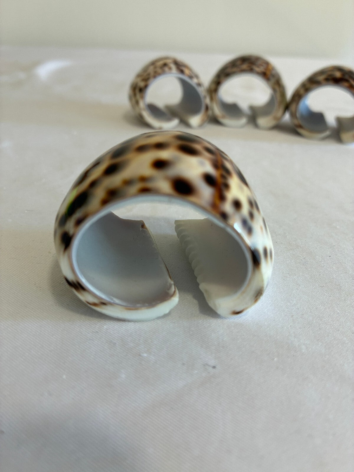 Set of 4 Cowrie Shell Tiger Napkin Rings, Spotted Seashell Table Decor, Coastal