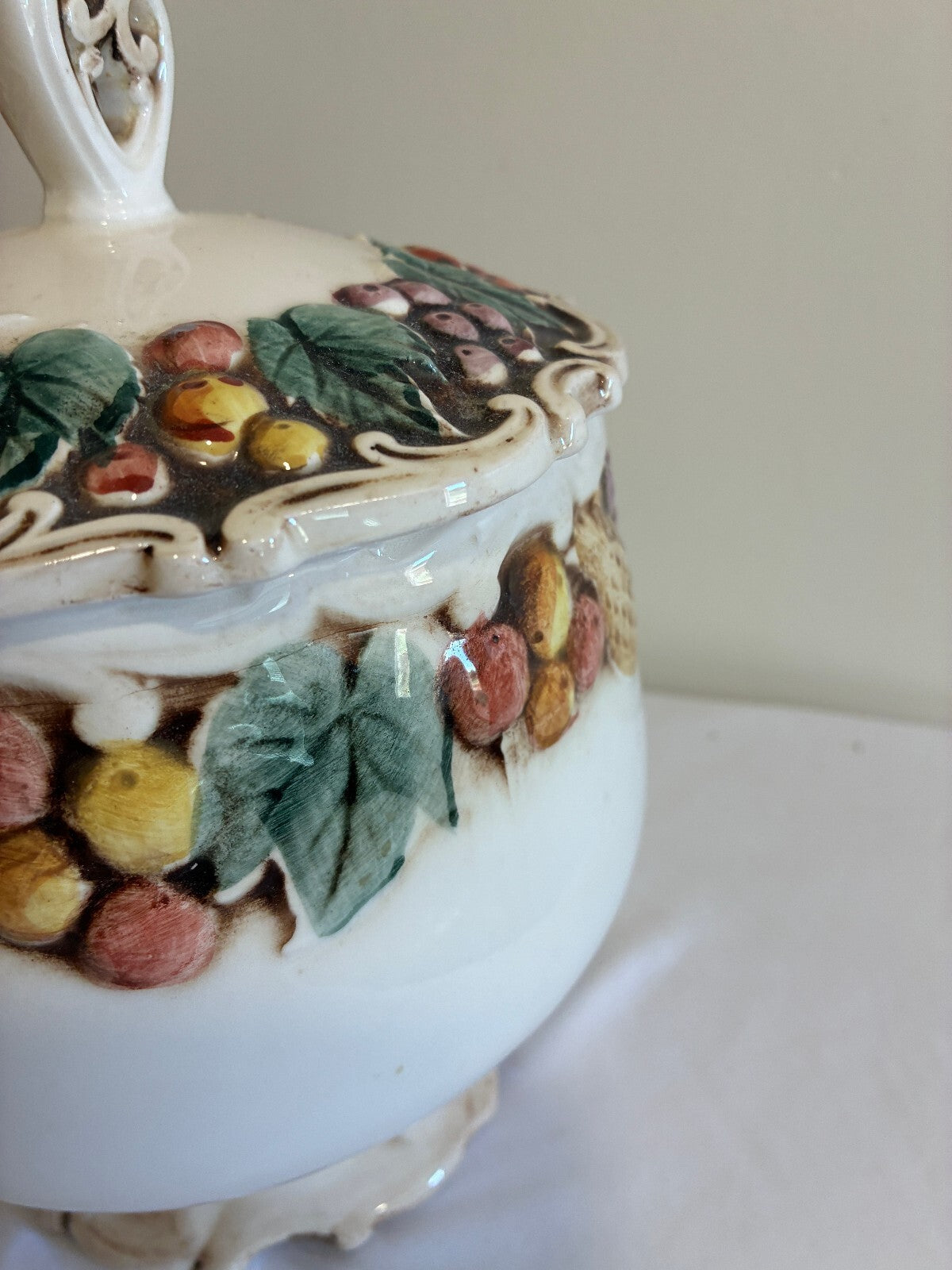 Vintage Lefton Majolica Style Lidded Jar | Raised Fruit & Grape Ceramic Canister