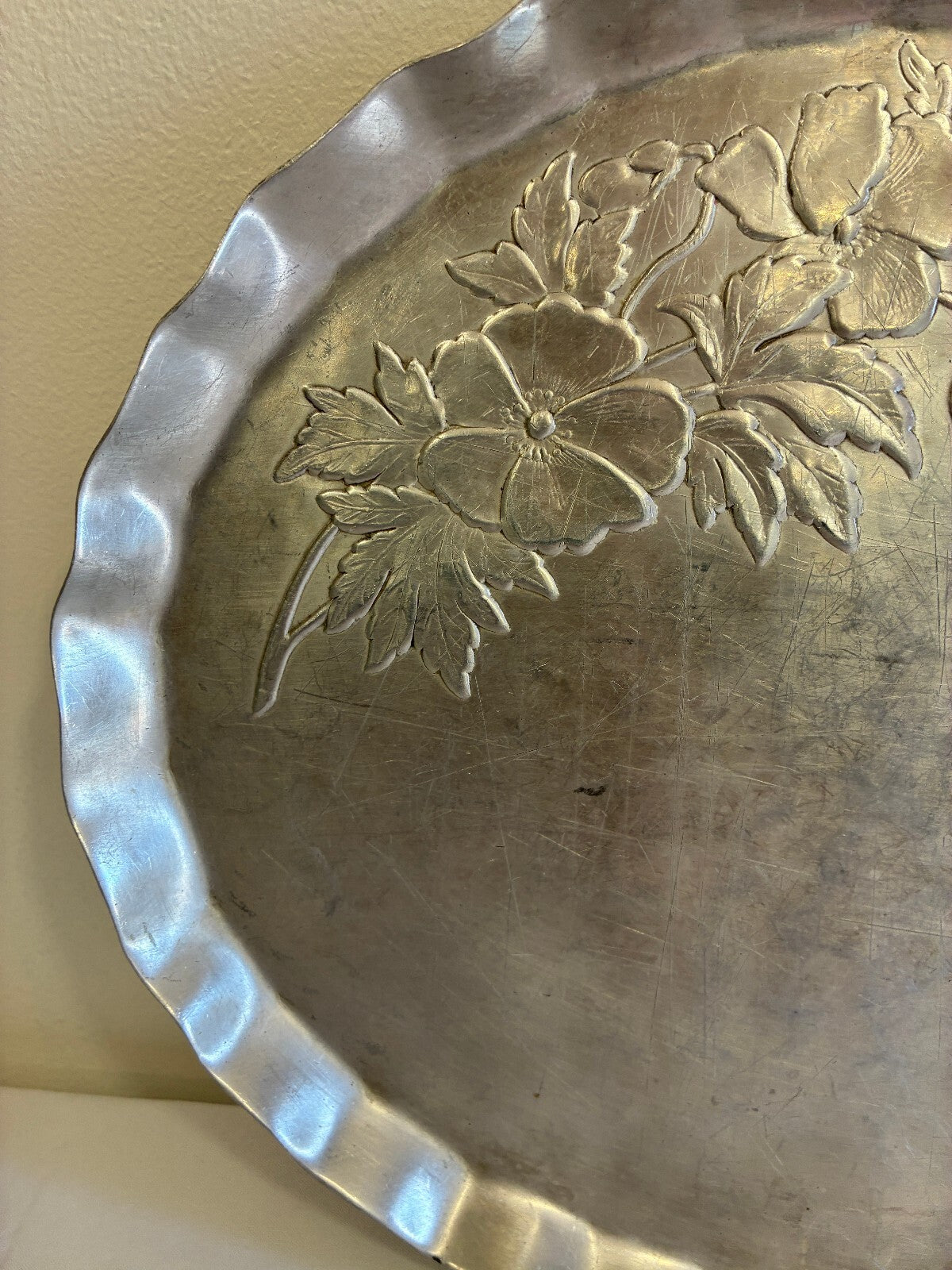 Vintage Hammered Aluminum Oval Tray | Hand Chased Peony Flower Design