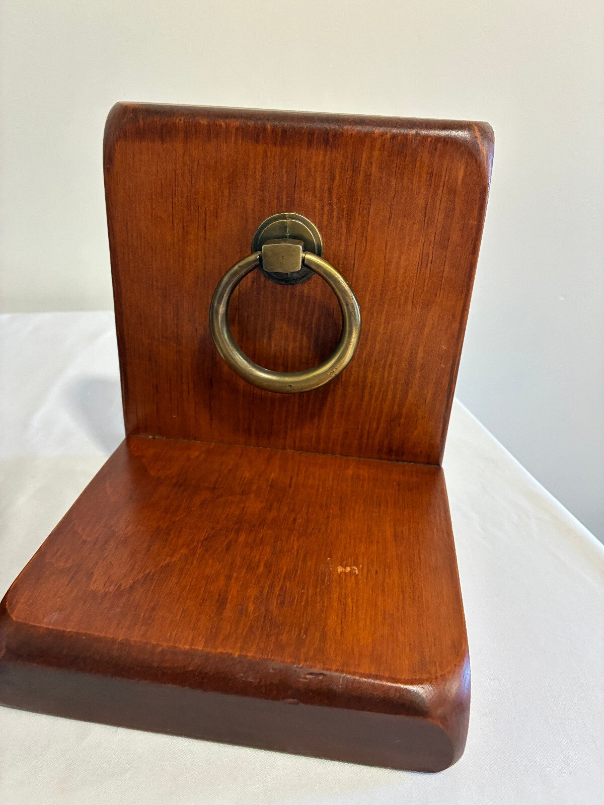Vintage Wood Bookends with Brass Ring Pulls | Mid-Century Bookends, Set of 2