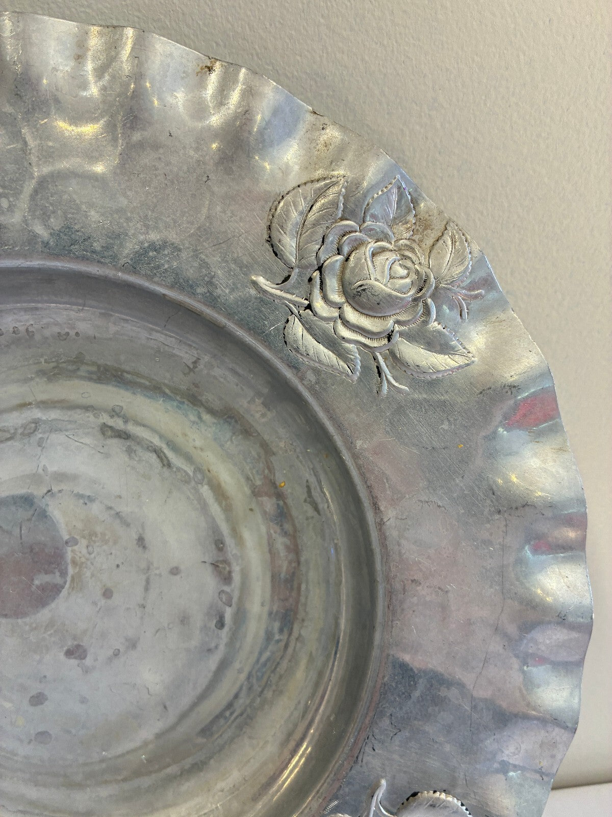 Vintage Hammered Aluminum Bowl | Hand Chased Rose Design Ruffled Rim