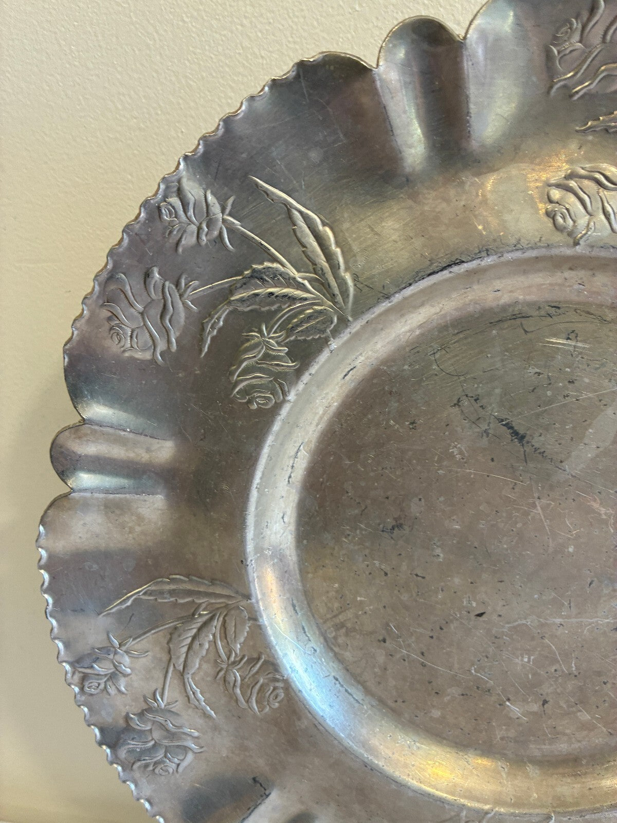 Vintage Hammered Aluminum Tray | Hand Chased Rose Design Ruffled Rim