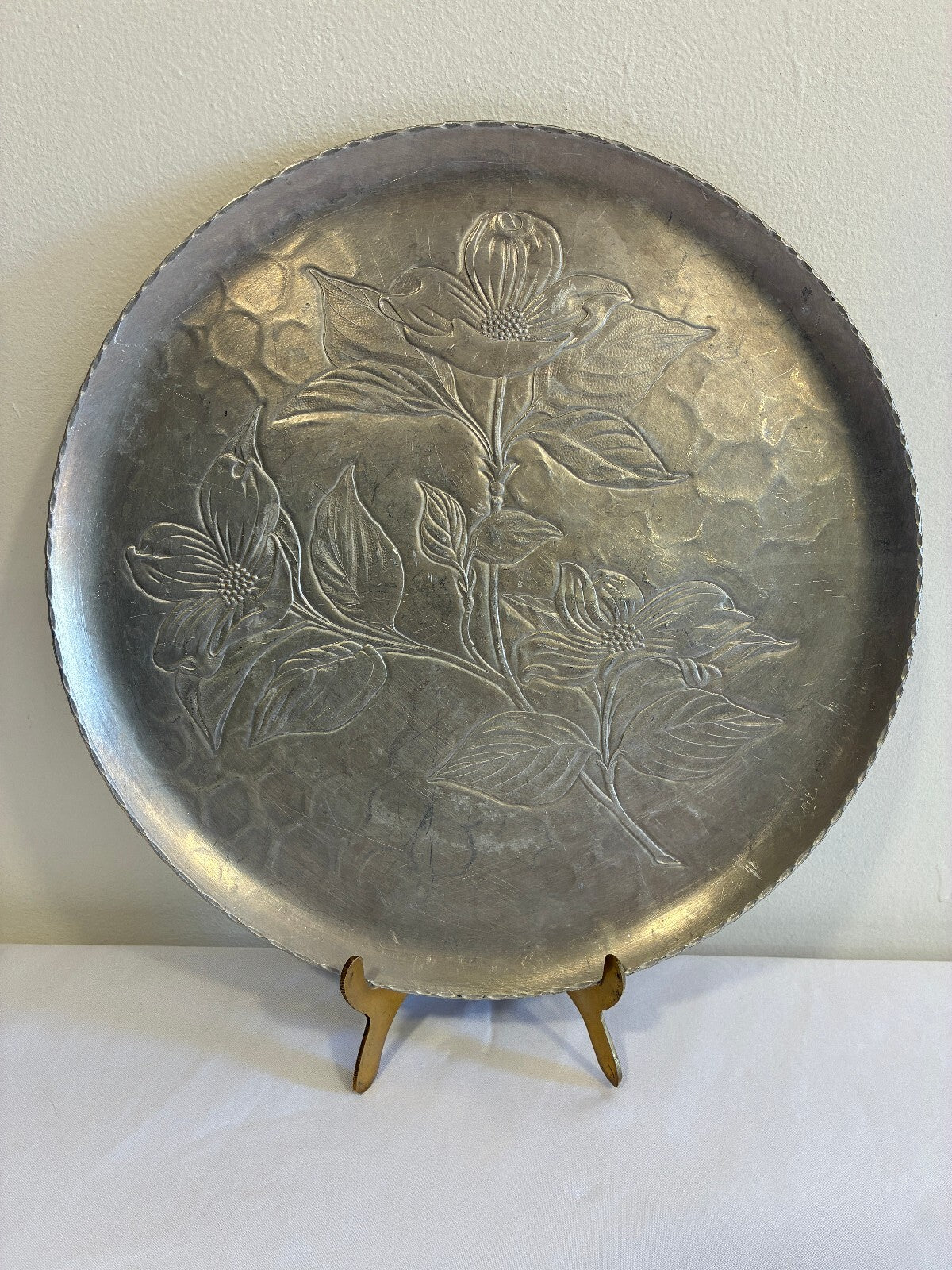 Vintage Hammered Aluminum Serving Tray | Hand Chased Dogwood Flower Design