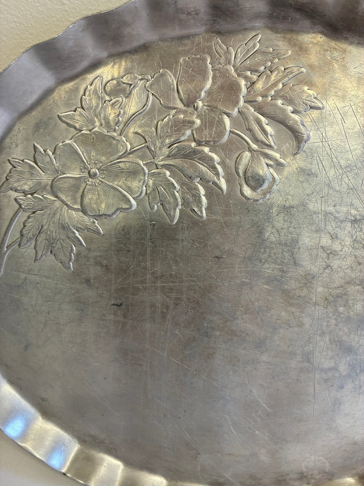 Vintage Hammered Aluminum Oval Tray | Hand Chased Peony Flower Design