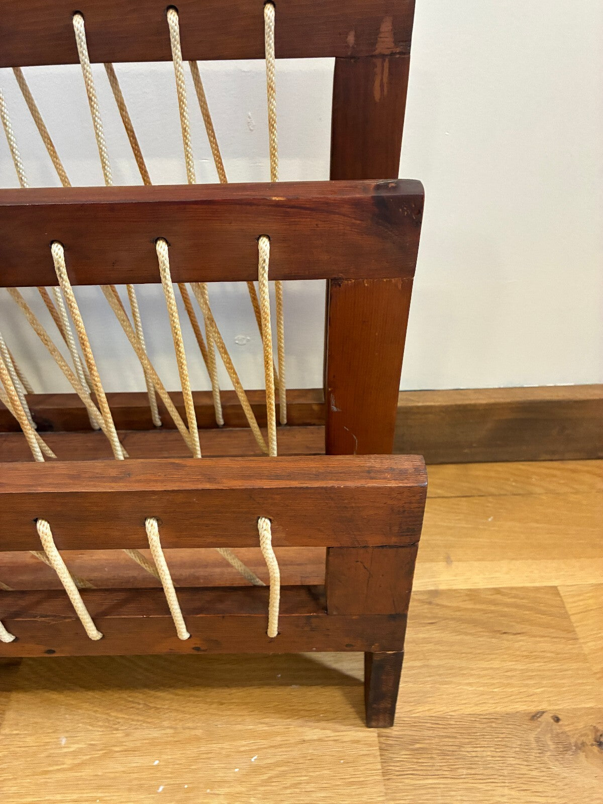 Vintage Wood Magazine Rack, Rope Laced Danish Modern Style, Mid Century Wood