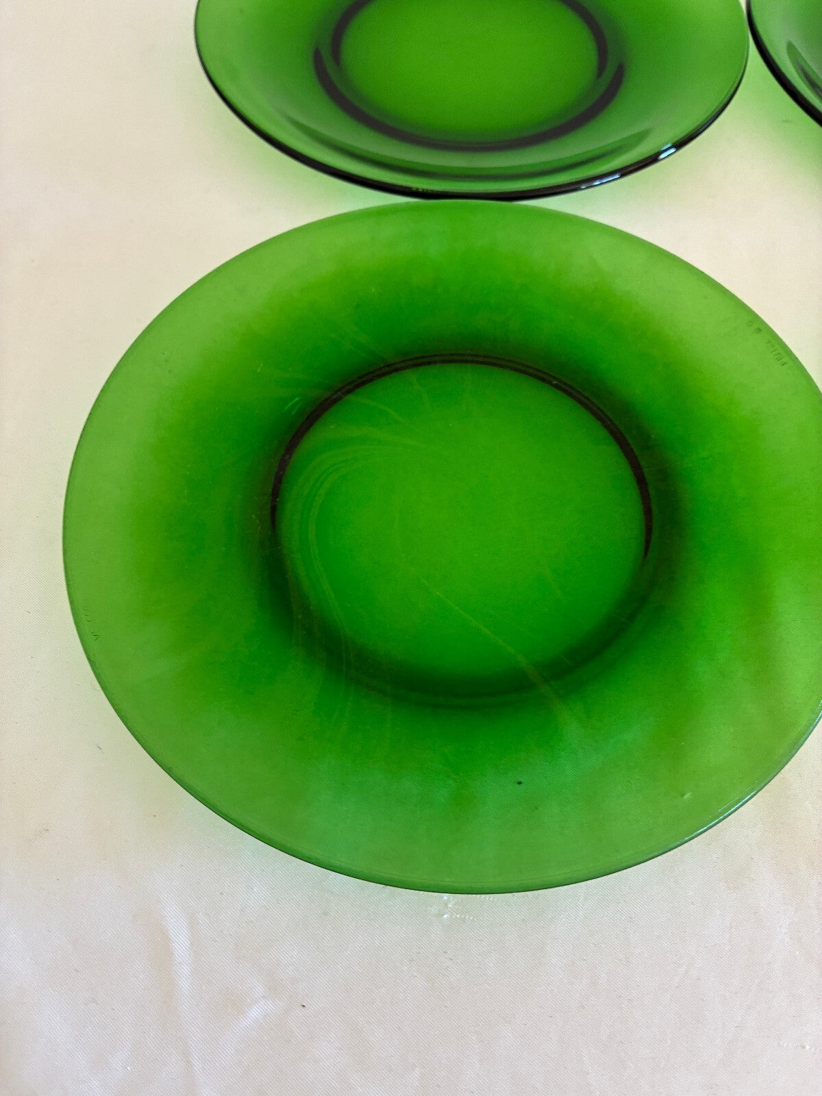 Vintage Set of 4 Green Glass Plates, Vereco France, Emerald Salad Dessert Plate