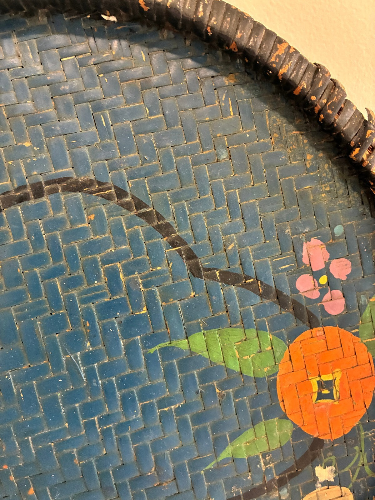 Vintage Woven Basket Tray Painted Oranges Floral